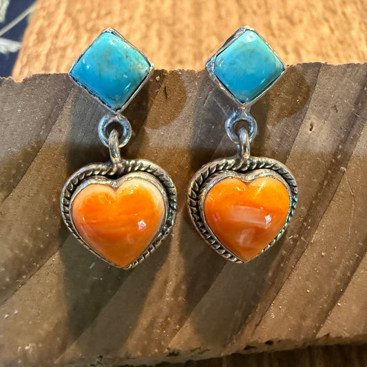 Kingman Turquoise And Orange Spiny Turquoise Heart Stud Earring Sterling Silver Wild West Boho