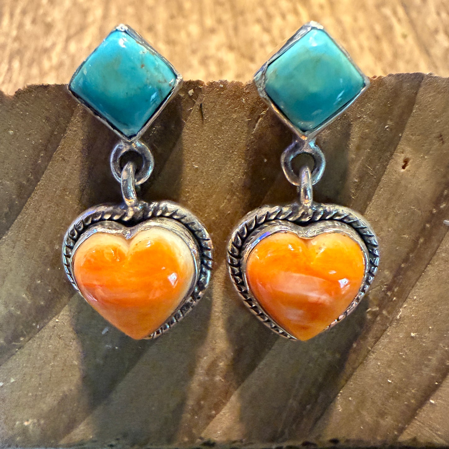 Kingman Turquoise And Orange Spiny Turquoise Heart Stud Earring Sterling Silver Wild West Boho