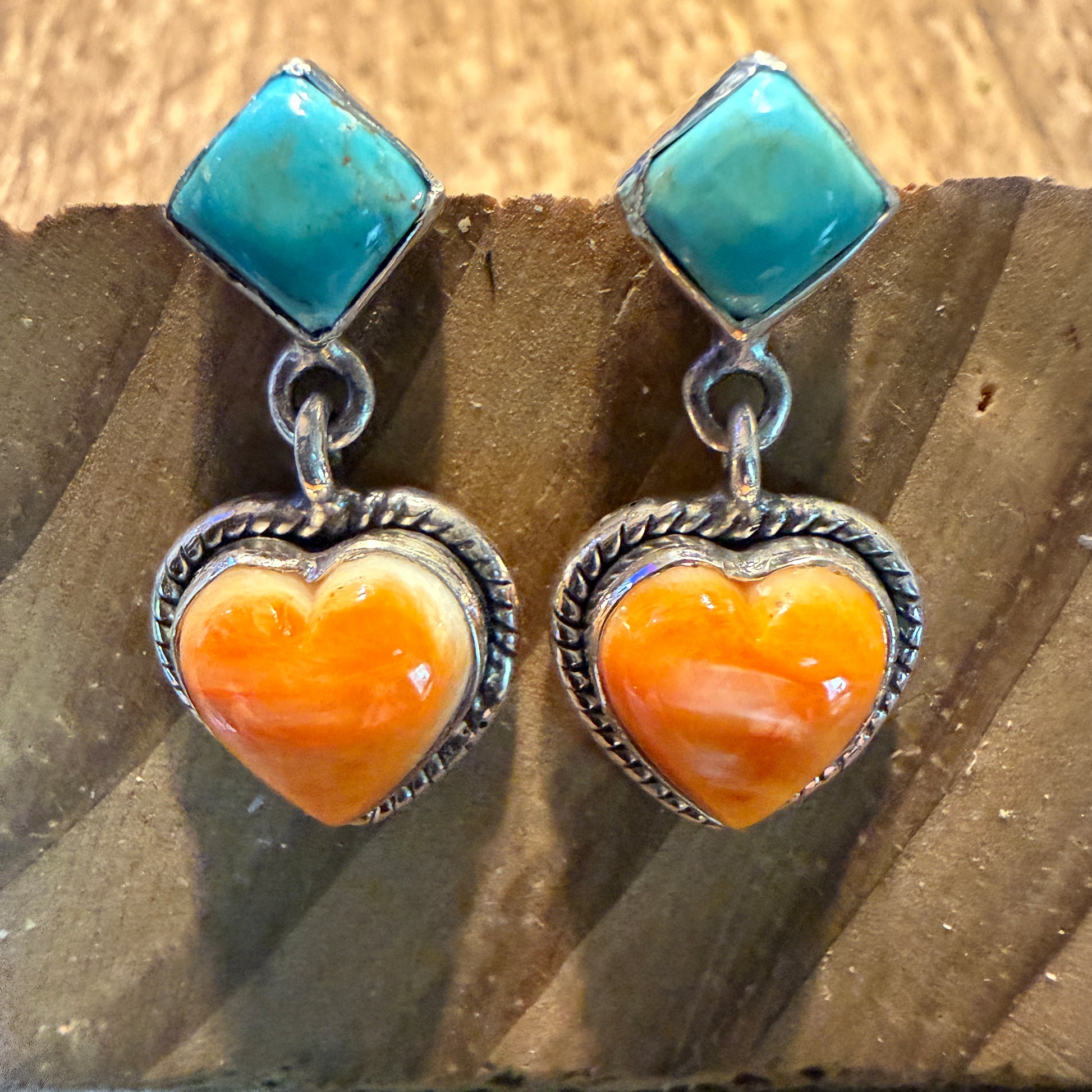 Kingman Turquoise And Orange Spiny Turquoise Heart Stud Earring Sterling Silver Wild West Boho