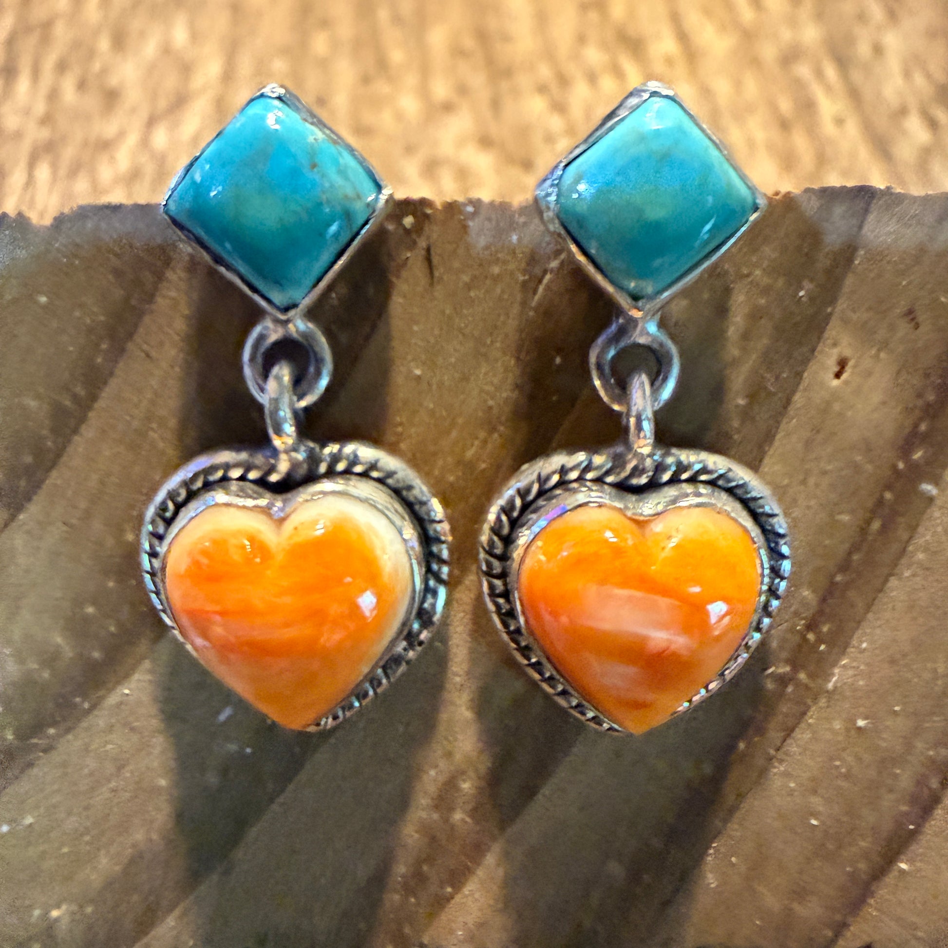 Kingman Turquoise And Orange Spiny Turquoise Heart Stud Earring Sterling Silver Wild West Boho