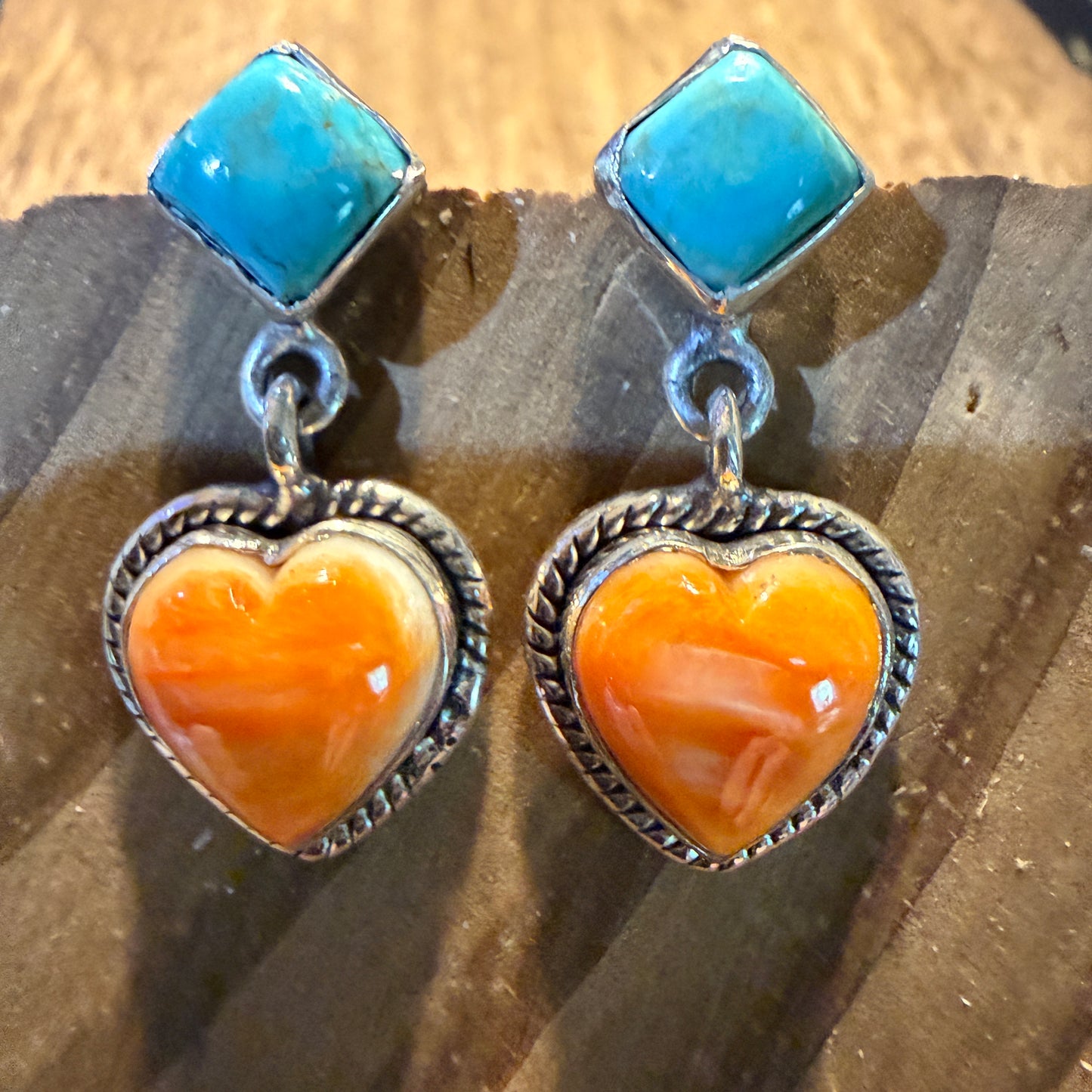 Kingman Turquoise And Orange Spiny Turquoise Heart Stud Earring Sterling Silver Wild West Boho