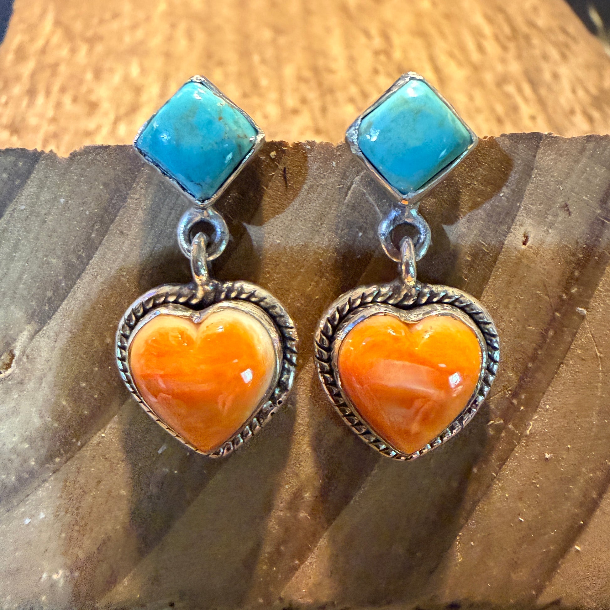 Kingman Turquoise And Orange Spiny Turquoise Heart Stud Earring Sterling Silver Wild West Boho