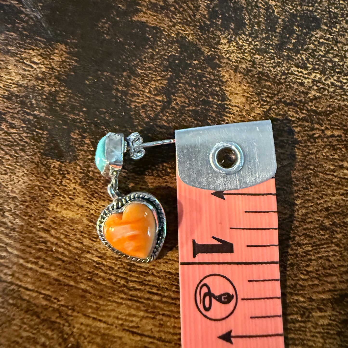 Kingman Turquoise And Orange Spiny Turquoise Heart Stud Earring Sterling Silver Wild West Boho