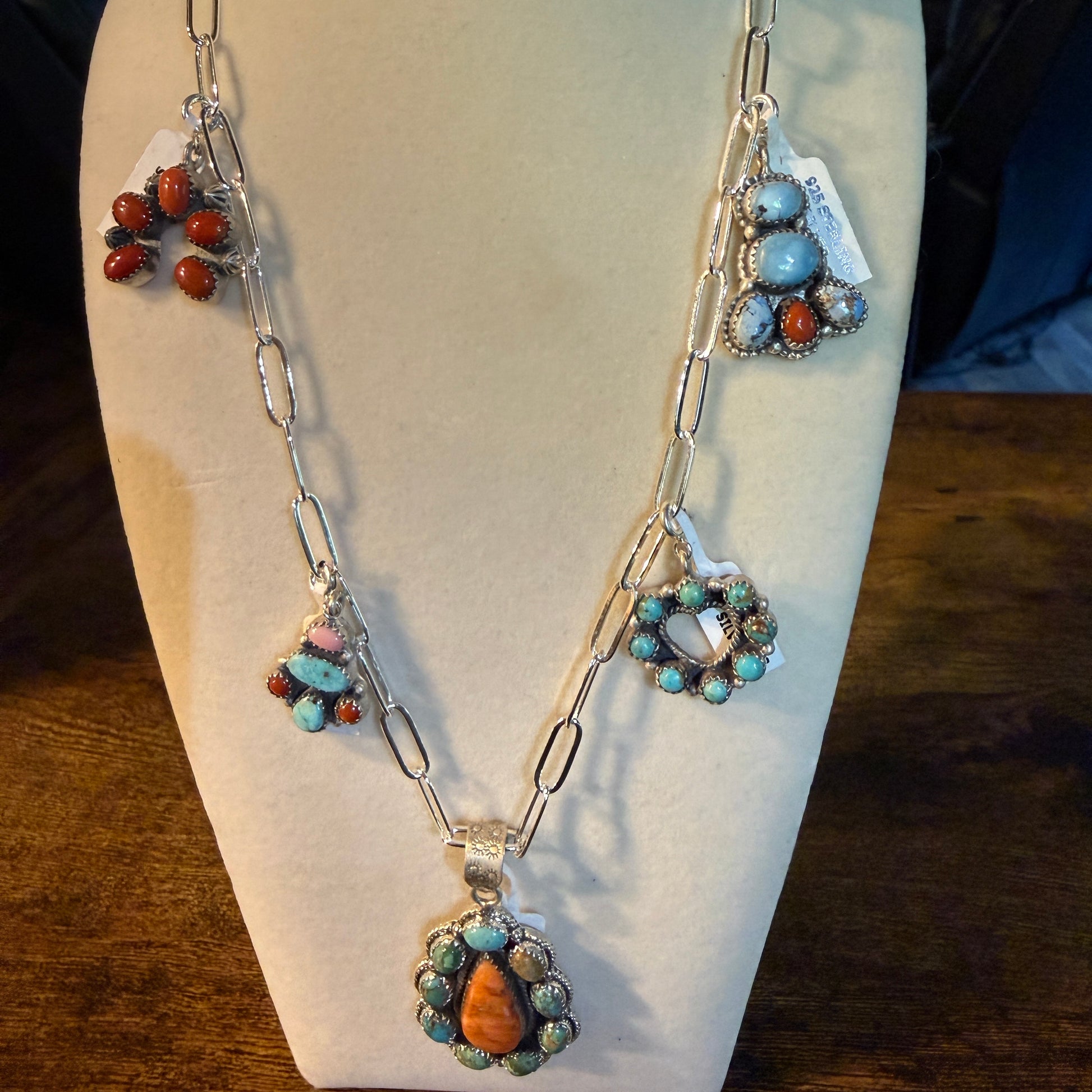 Coral And Turquoise Gemstone Charms Pendant Necklace Sterling Silver Wild West Boho