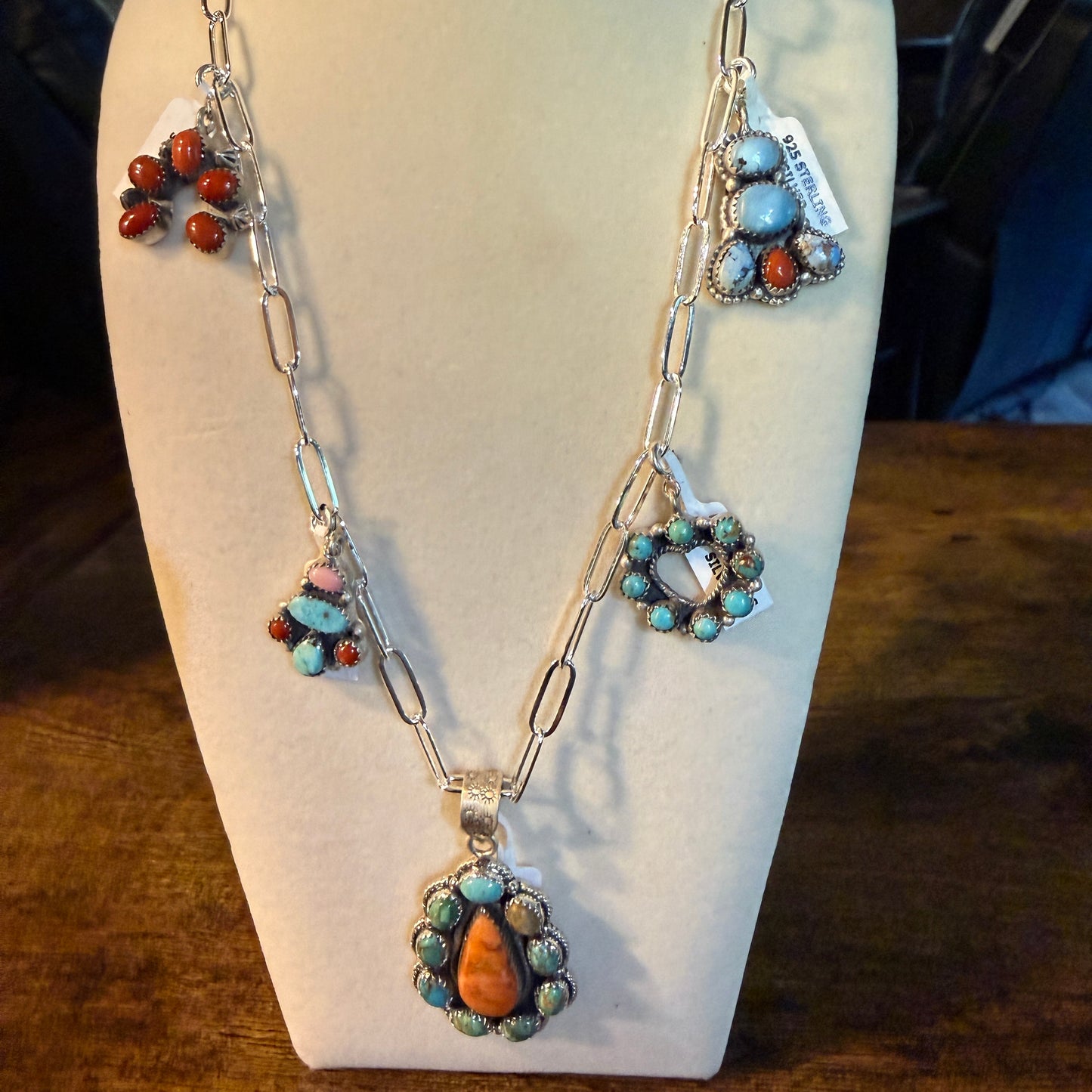 Coral And Turquoise Gemstone Charms Pendant Necklace Sterling Silver Wild West Boho