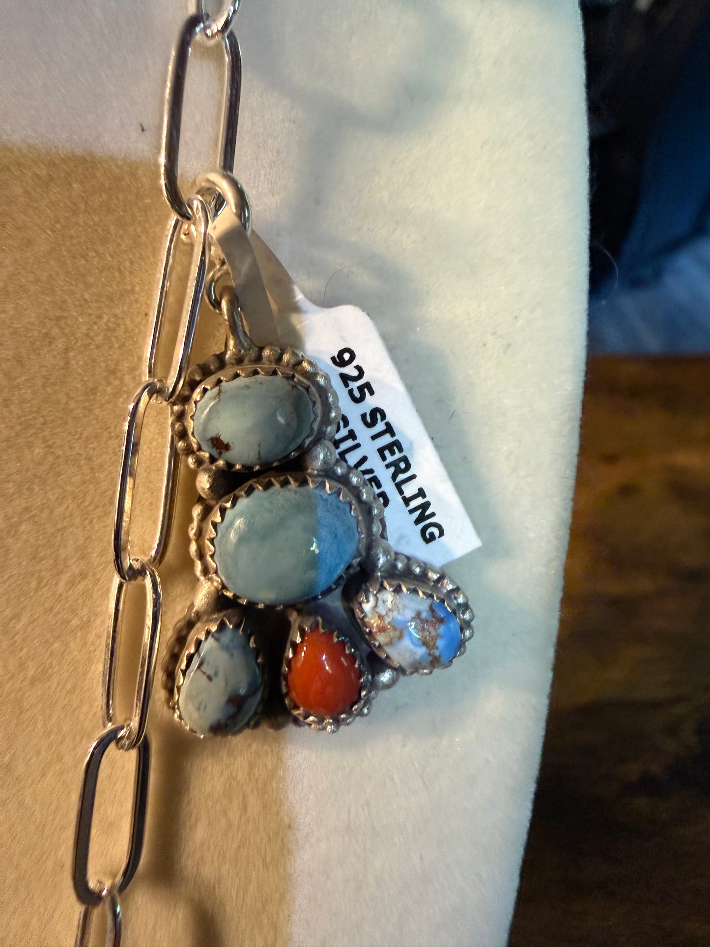 Coral And Turquoise Gemstone Charms Pendant Necklace Sterling Silver Wild West Boho