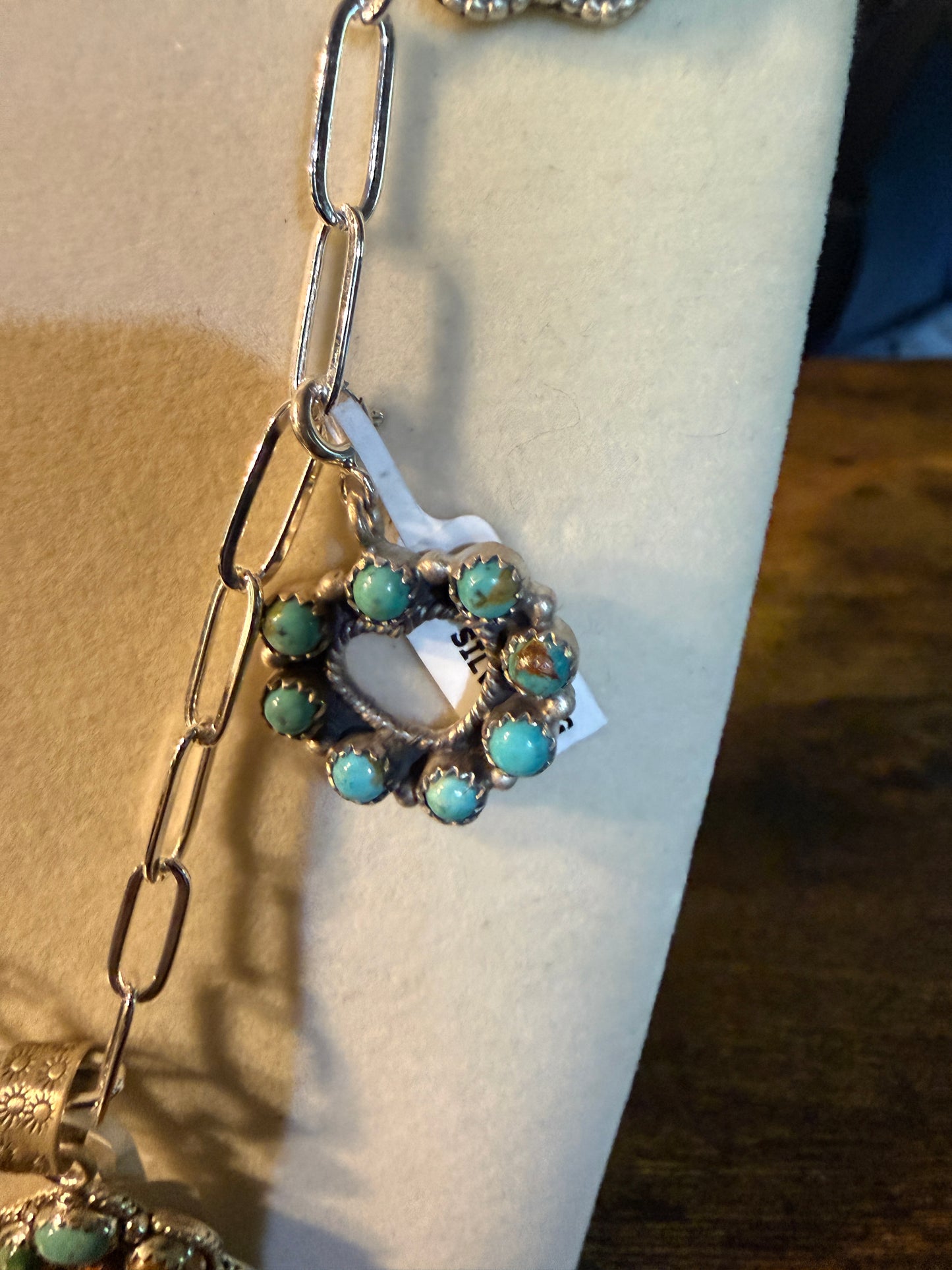 Coral And Turquoise Gemstone Charms Pendant Necklace Sterling Silver Wild West Boho