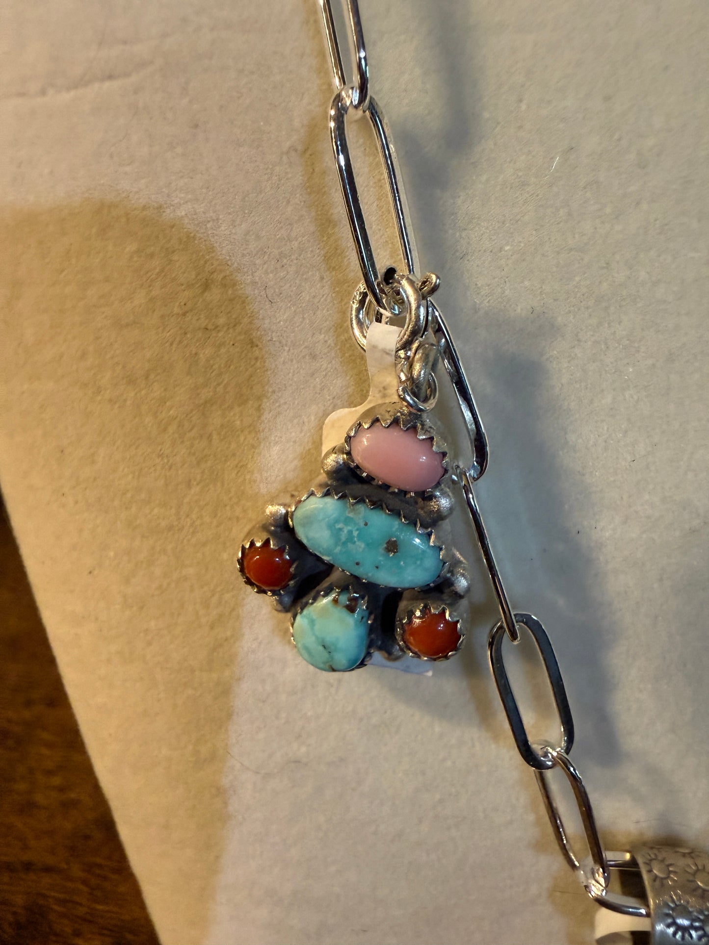 Coral And Turquoise Gemstone Charms Pendant Necklace Sterling Silver Wild West Boho