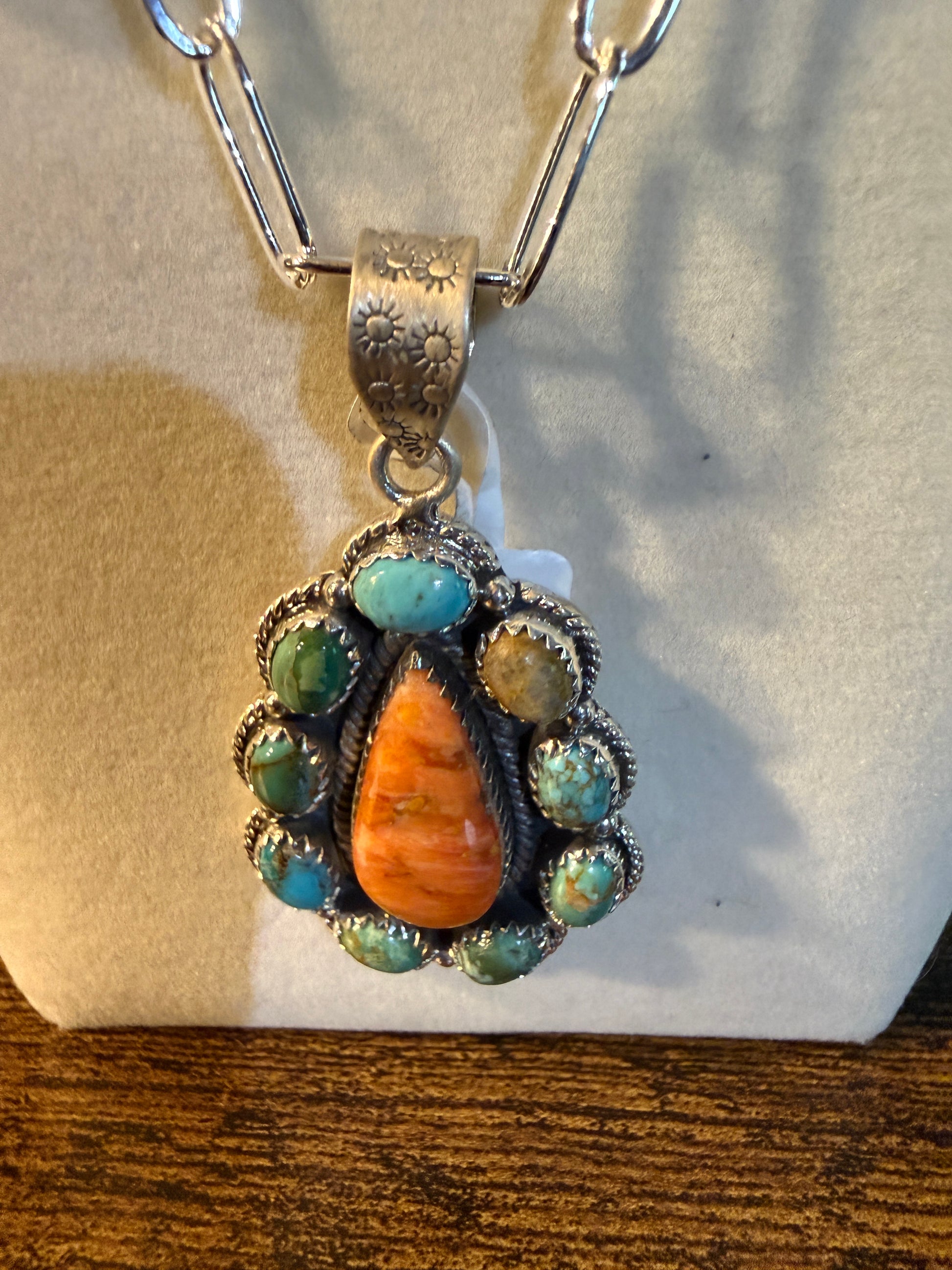 Coral And Turquoise Gemstone Charms Pendant Necklace Sterling Silver Wild West Boho