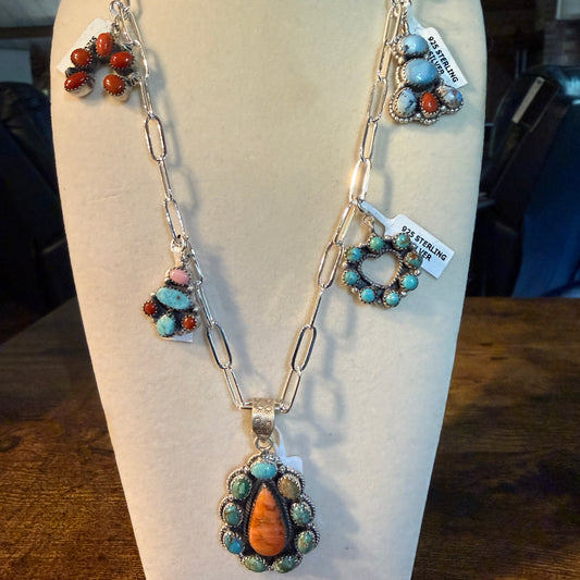 Coral And Turquoise Gemstone Charms Pendant Necklace Sterling Silver Wild West Boho