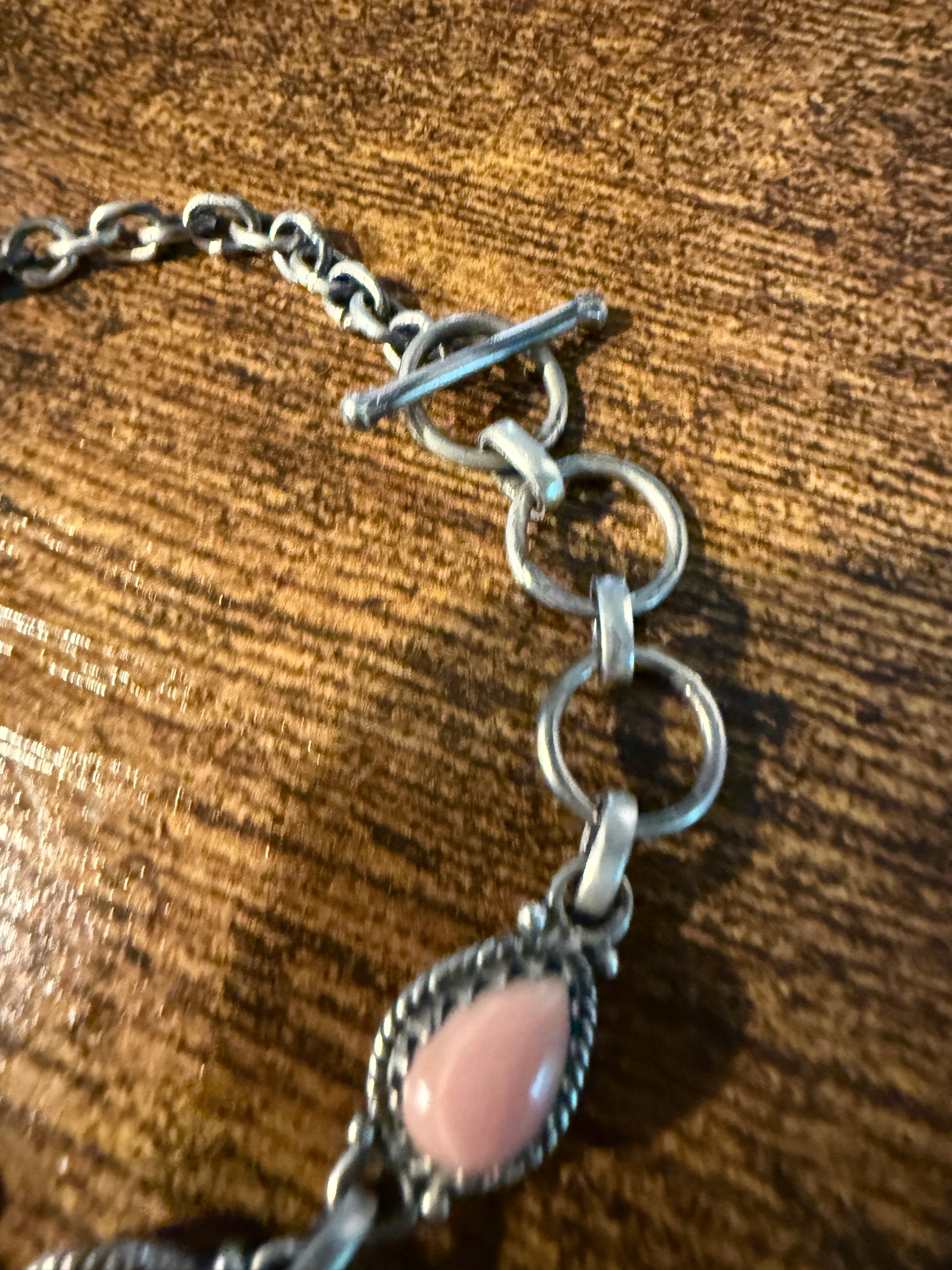 Antique Style Pink Conch Bracelet 8 Inches Oxidized Sterling Silver Adjustable Wild West Boho