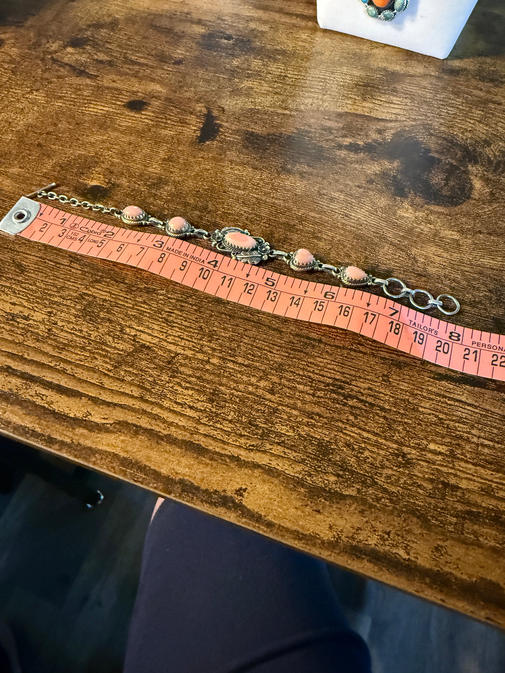 Antique Style Pink Conch Bracelet 8 Inches Oxidized Sterling Silver Adjustable Wild West Boho