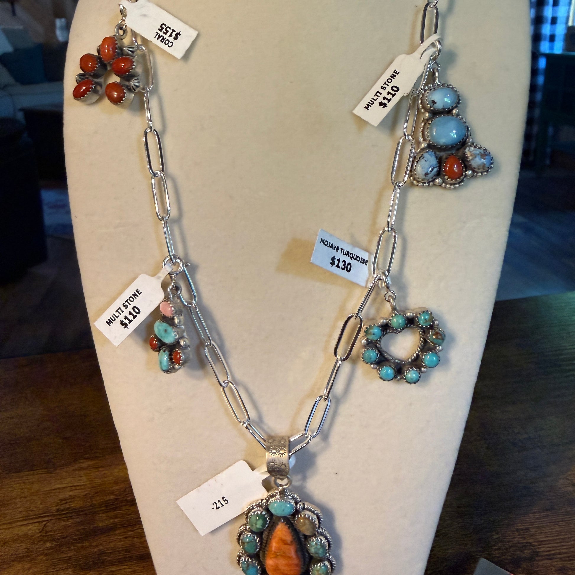 Coral And Turquoise Gemstone Charms Pendant Necklace Sterling Silver Wild West Boho