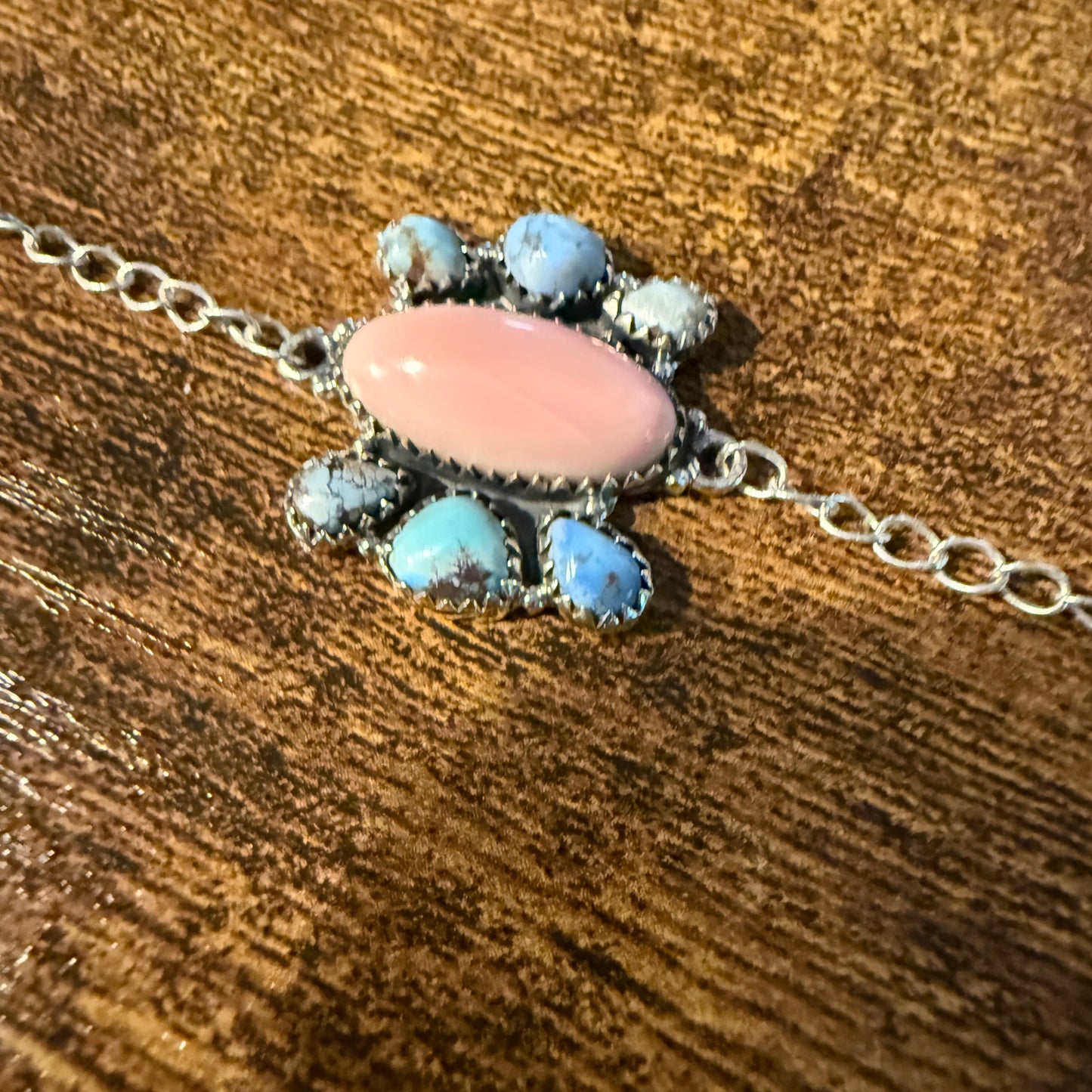 Pink Conch And White Water Turquoise Gemstone Bracelet Sterling Silver 8 Inch Wild West Boho