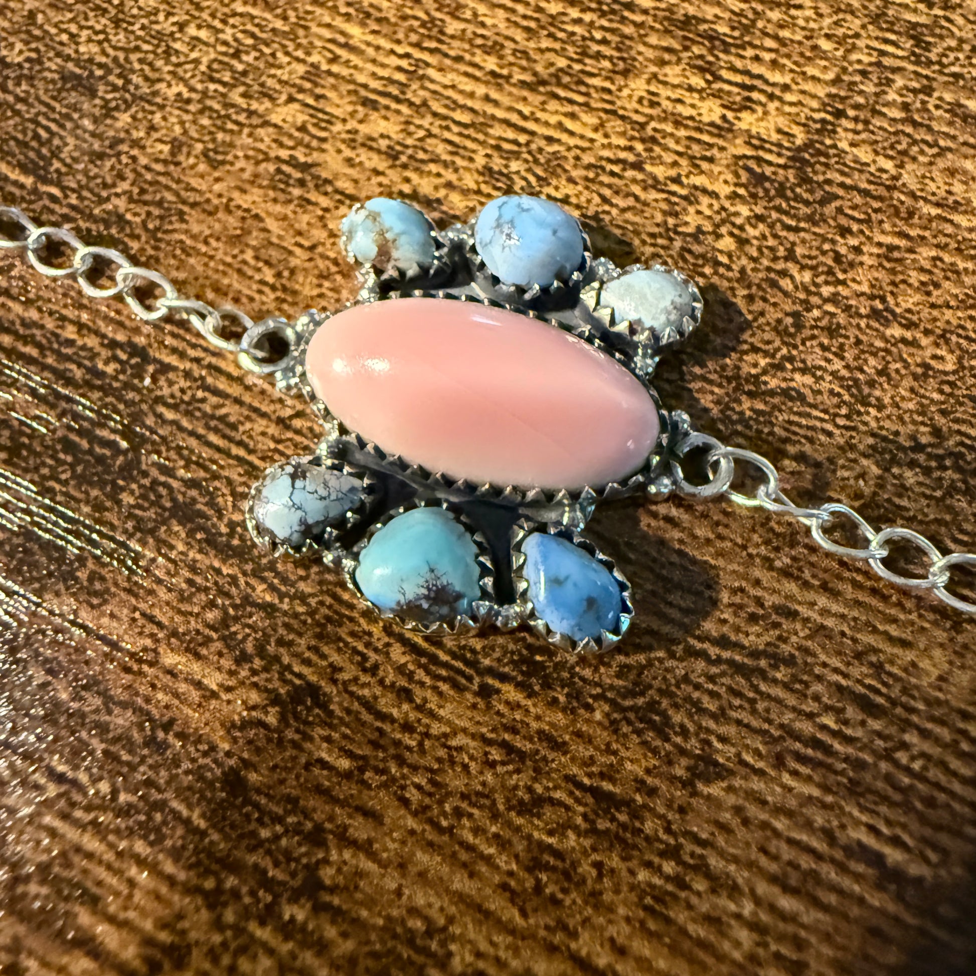 Pink Conch And White Water Turquoise Gemstone Bracelet Sterling Silver 8 Inch Wild West Boho