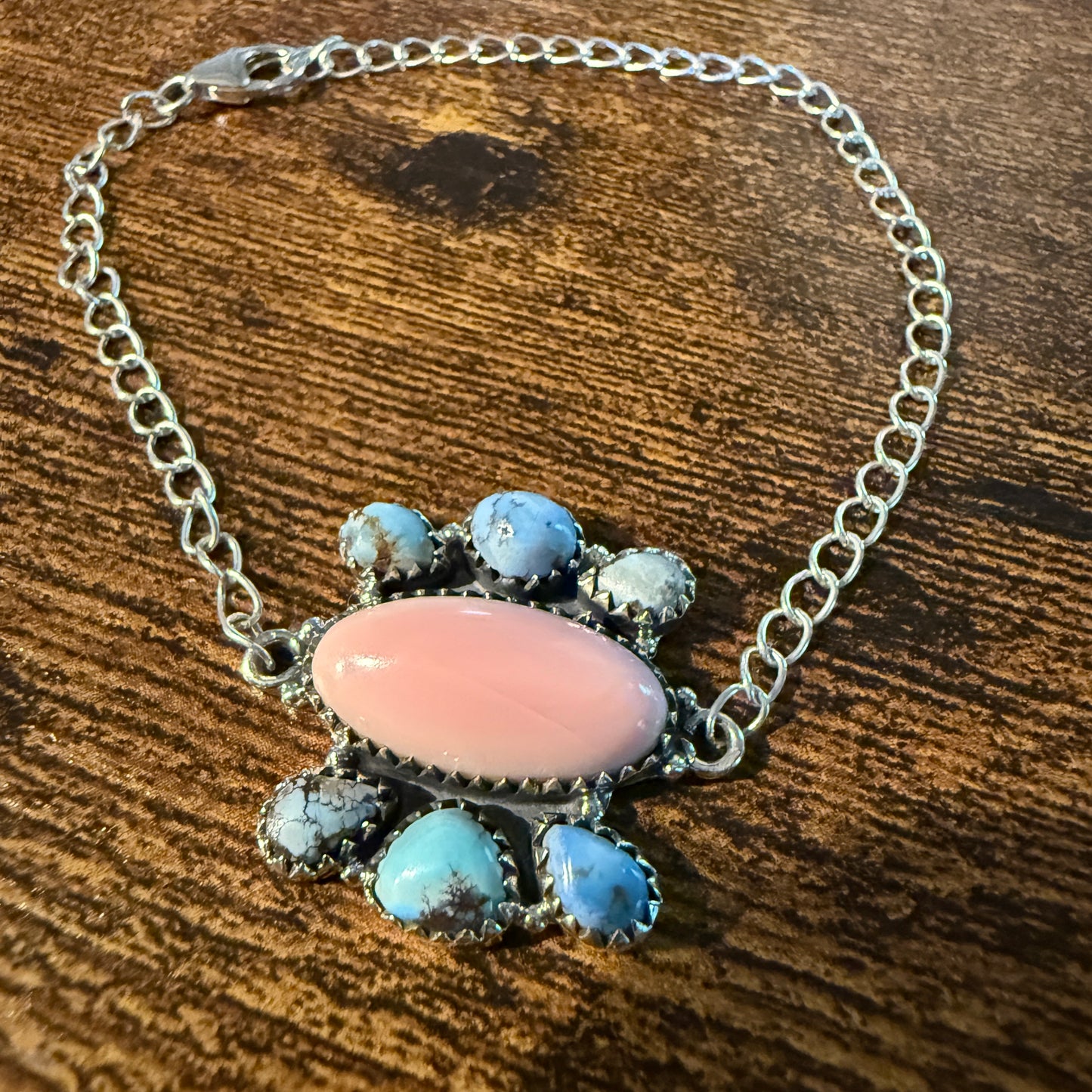 Pink Conch And White Water Turquoise Gemstone Bracelet Sterling Silver 8 Inch Wild West Boho