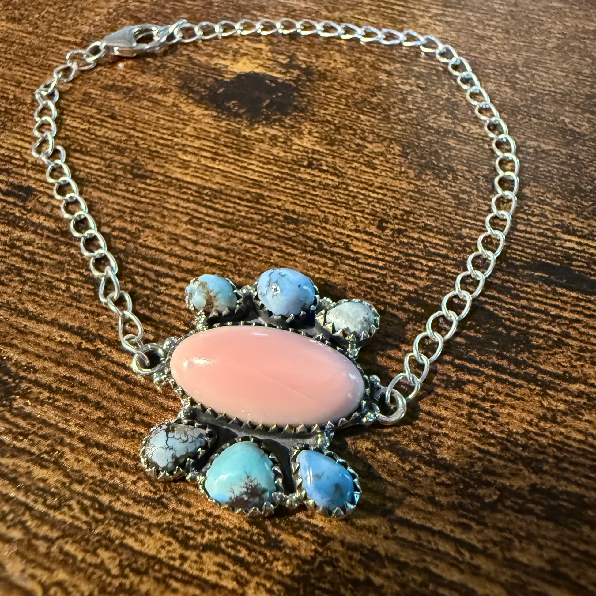 Pink Conch And White Water Turquoise Gemstone Bracelet Sterling Silver 8 Inch Wild West Boho