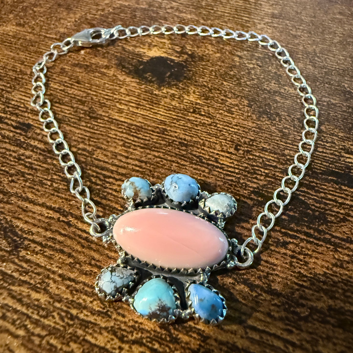 Pink Conch And White Water Turquoise Gemstone Bracelet Sterling Silver 8 Inch Wild West Boho