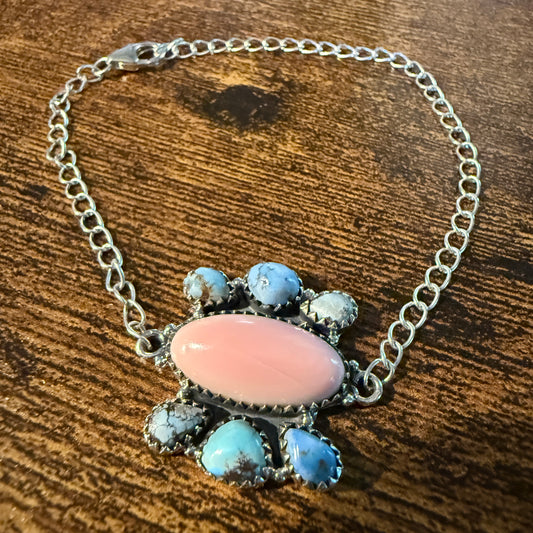 Pink Conch And White Water Turquoise Gemstone Bracelet Sterling Silver 8 Inch Wild West Boho