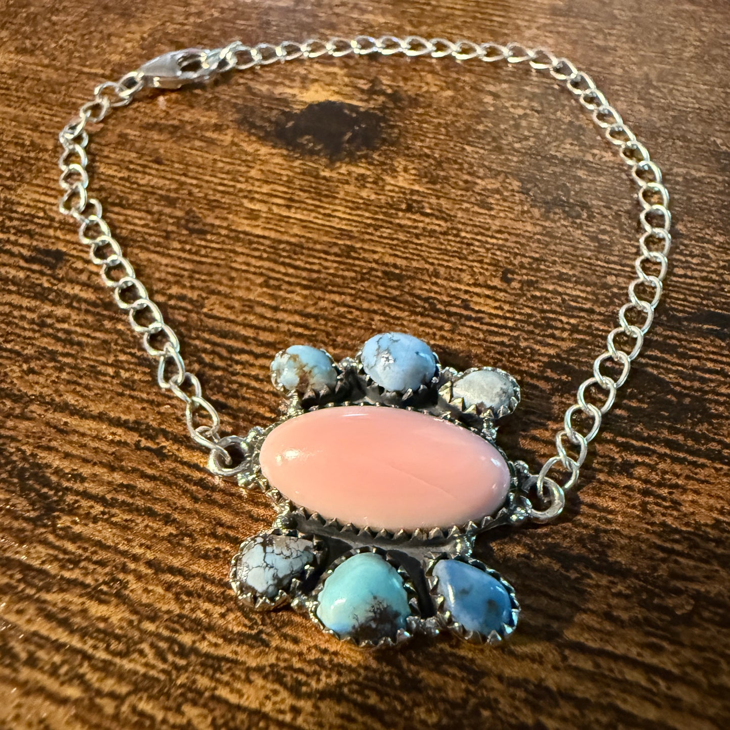 Pink Conch And White Water Turquoise Gemstone Bracelet Sterling Silver 8 Inch Wild West Boho