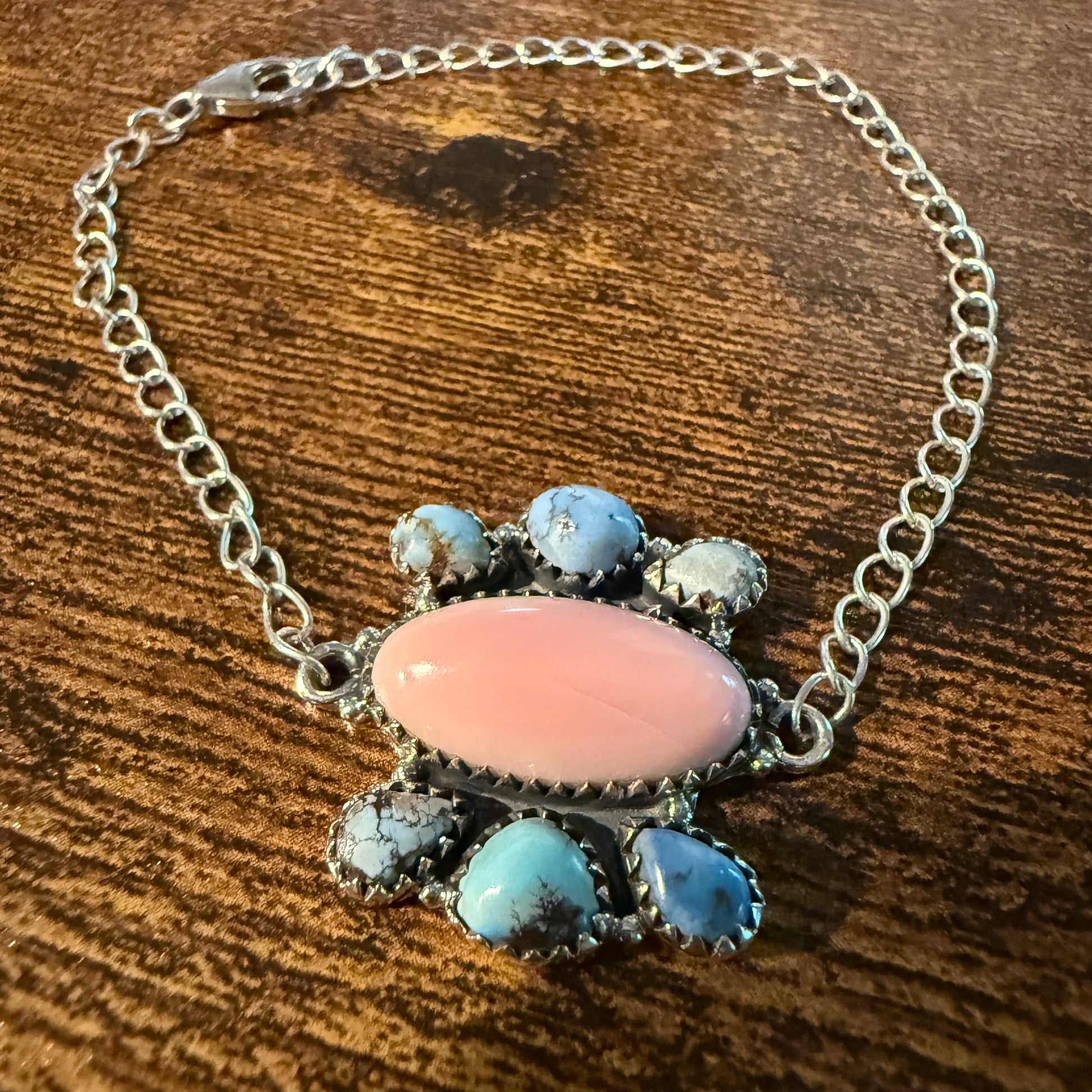 Pink Conch And White Water Turquoise Gemstone Bracelet Sterling Silver 8 Inch Wild West Boho