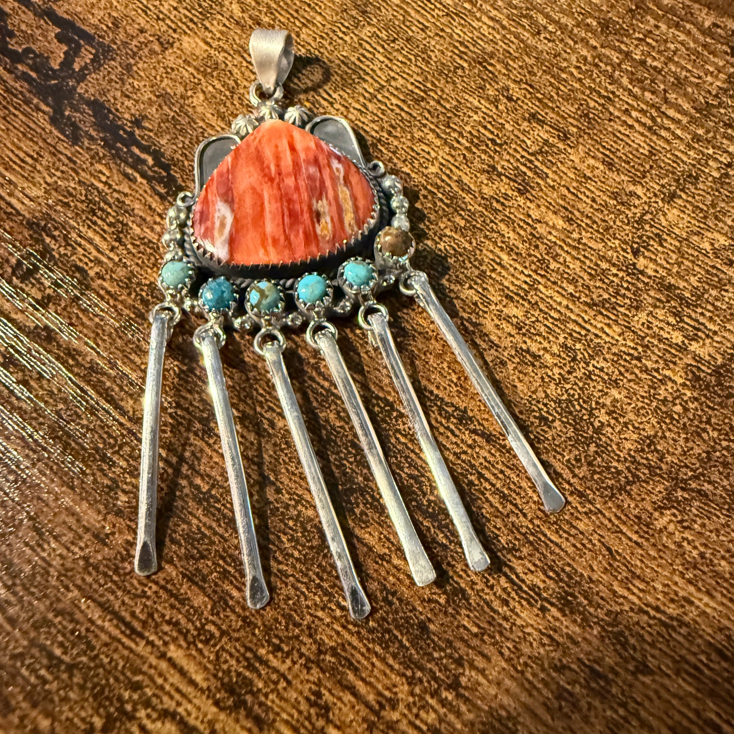 Orange Spiny Oyster And Kingman Turquoise Pendant In Sterling Silver Wild West Boho
