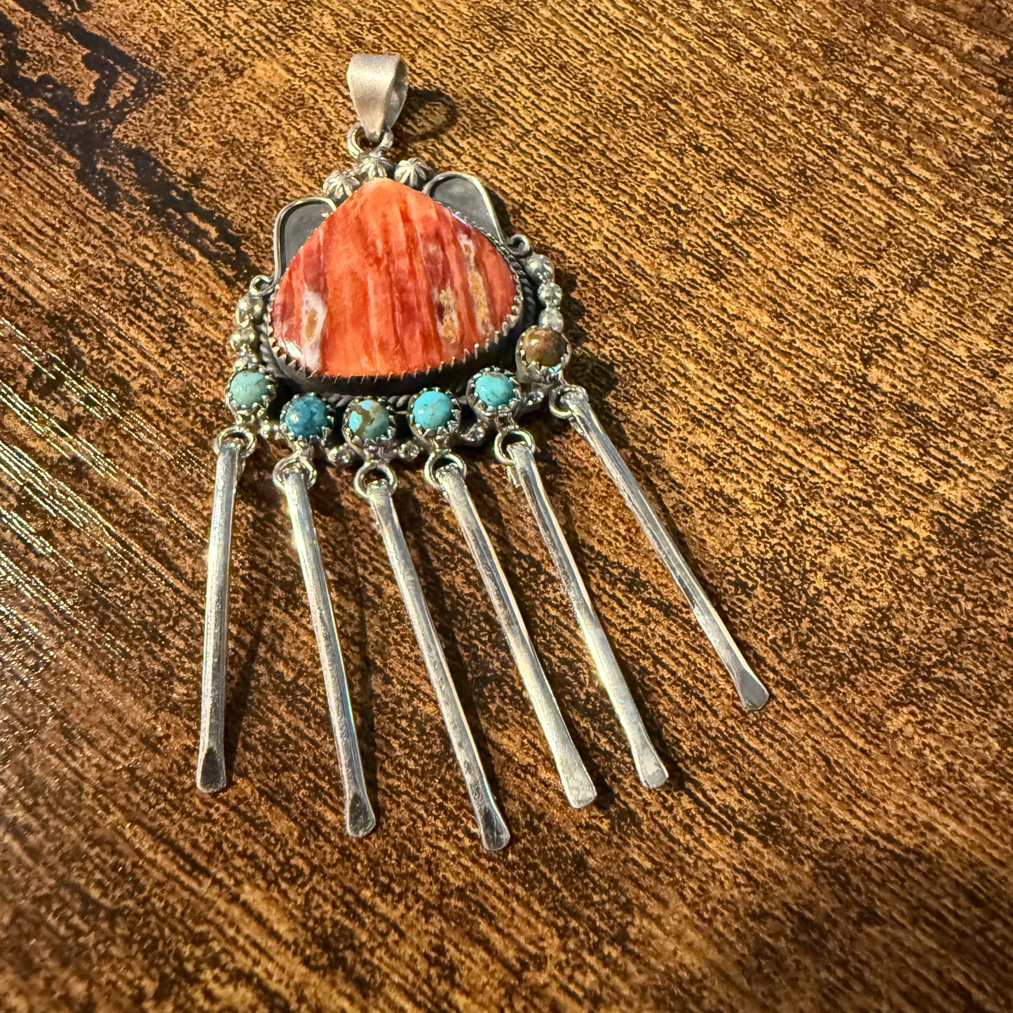 Orange Spiny Oyster And Kingman Turquoise Pendant In Sterling Silver Wild West Boho