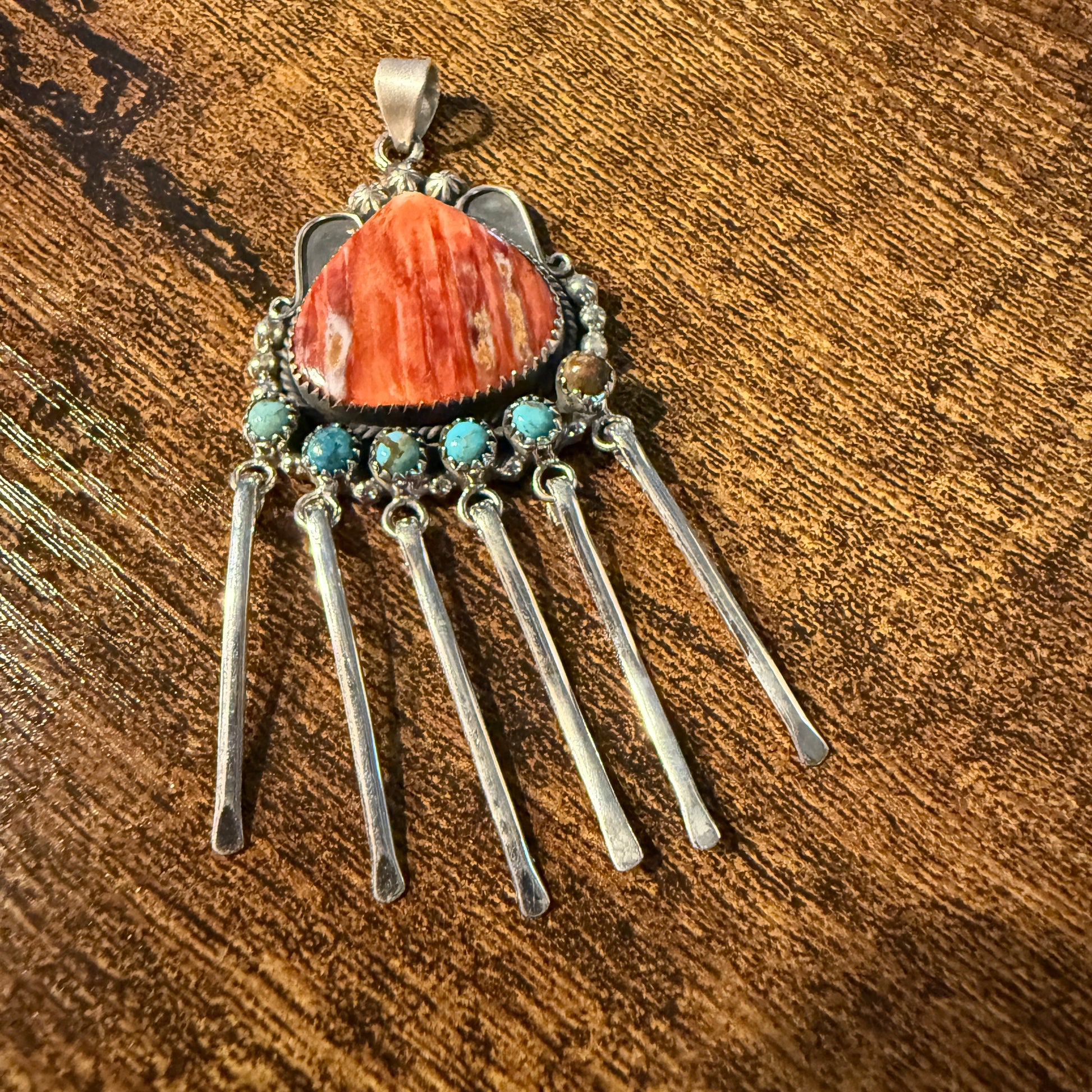 Orange Spiny Oyster And Kingman Turquoise Pendant In Sterling Silver Wild West Boho