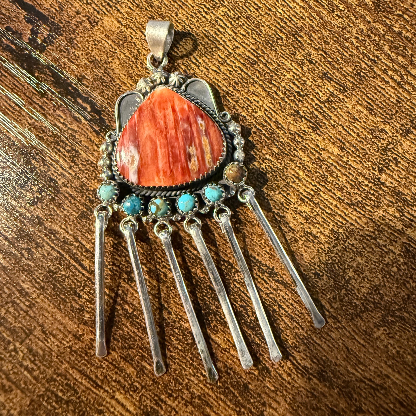 Orange Spiny Oyster And Kingman Turquoise Pendant In Sterling Silver Wild West Boho
