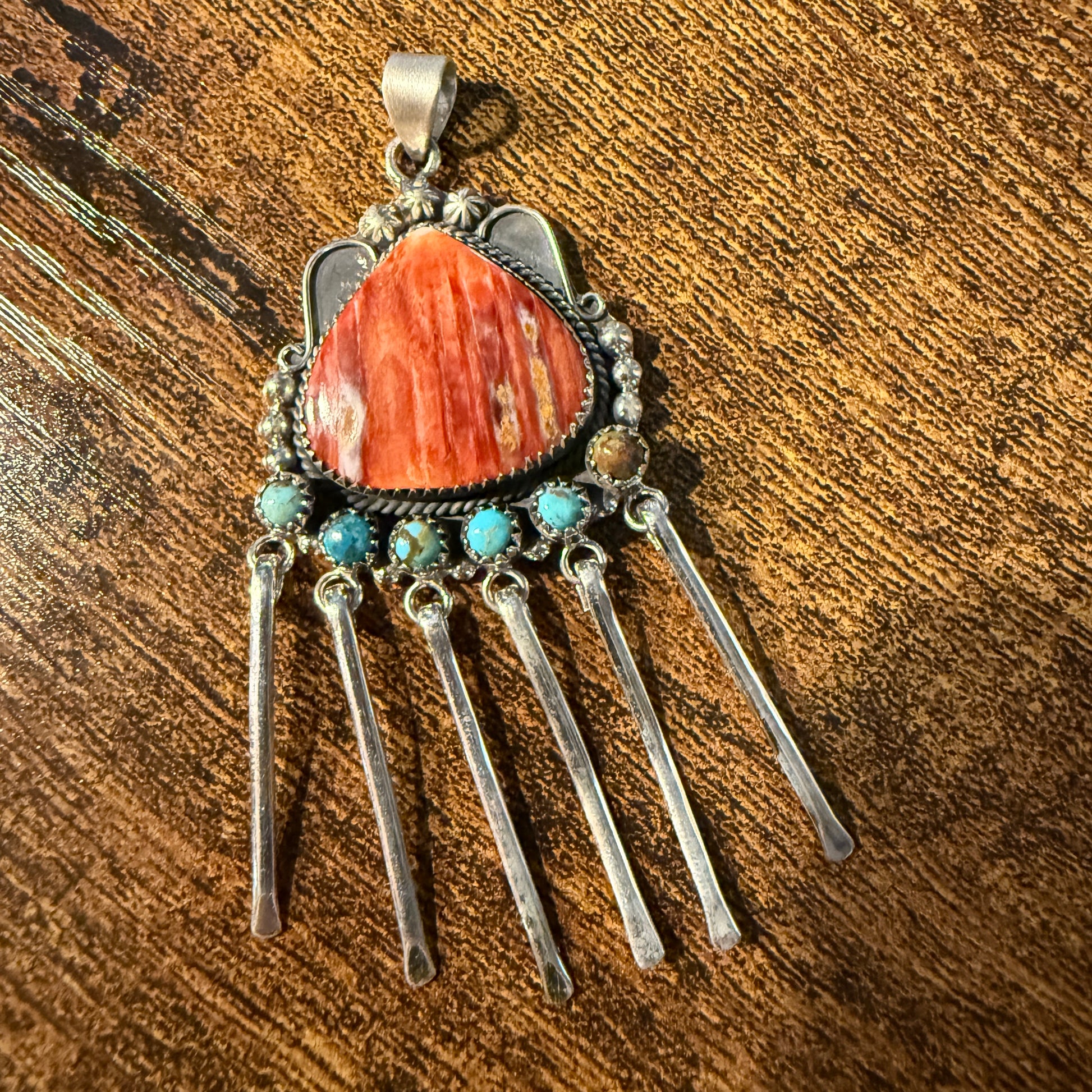 Orange Spiny Oyster And Kingman Turquoise Pendant In Sterling Silver Wild West Boho