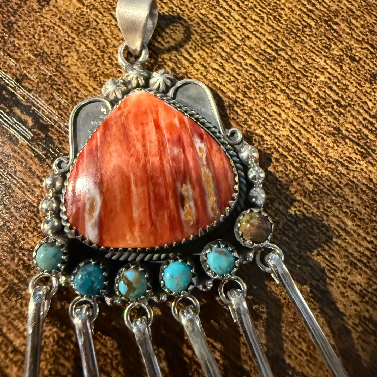 Orange Spiny Oyster And Kingman Turquoise Pendant In Sterling Silver Wild West Boho