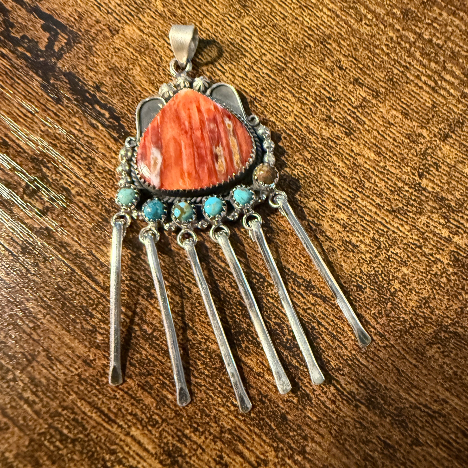 Orange Spiny Oyster And Kingman Turquoise Pendant In Sterling Silver Wild West Boho