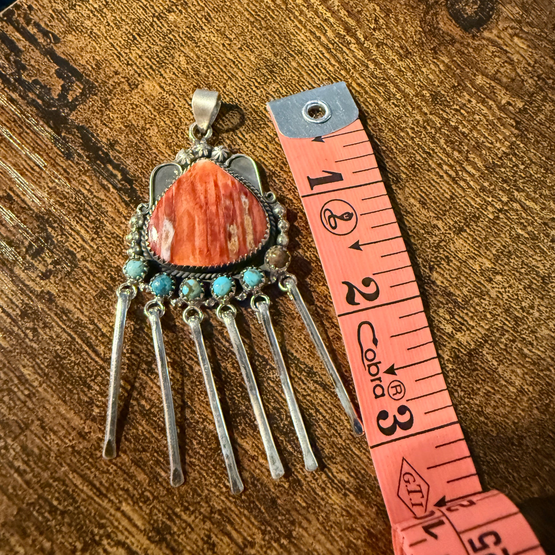 Orange Spiny Oyster And Kingman Turquoise Pendant In Sterling Silver Wild West Boho