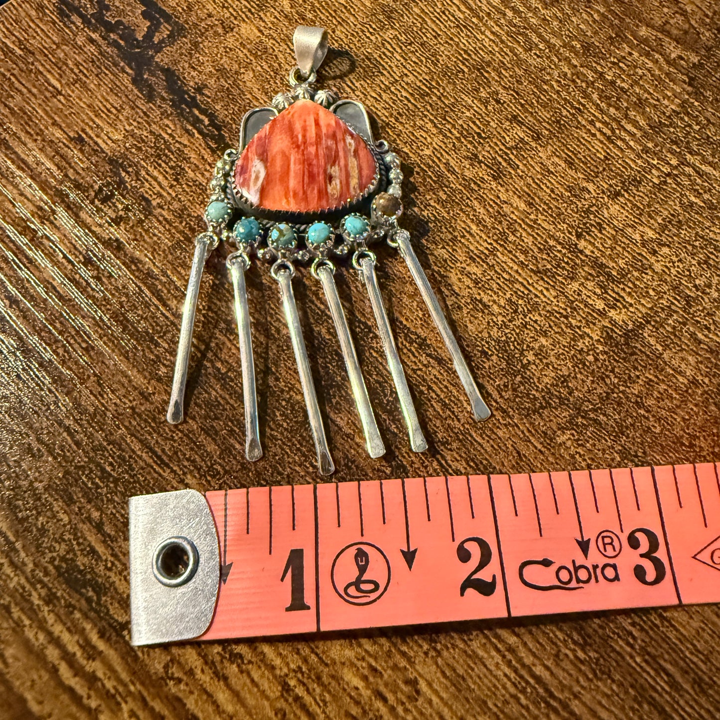 Orange Spiny Oyster And Kingman Turquoise Pendant In Sterling Silver Wild West Boho