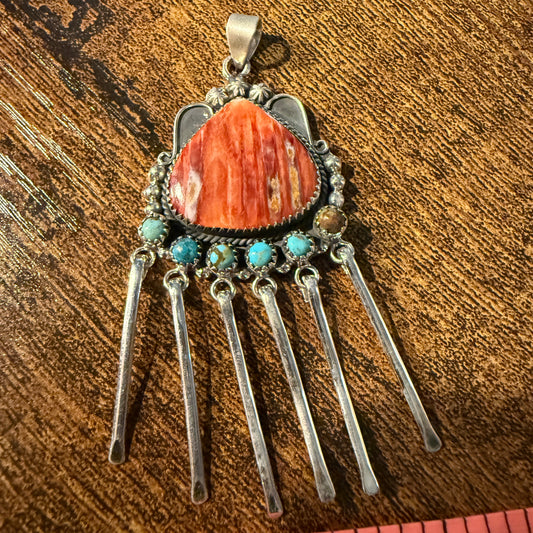 Orange Spiny Oyster And Kingman Turquoise Pendant In Sterling Silver Wild West Boho