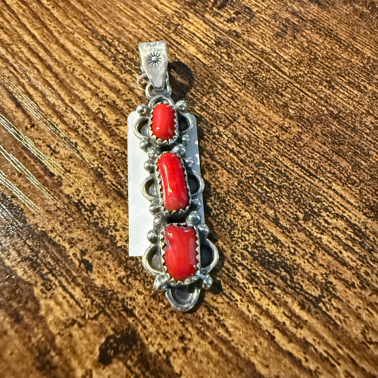 Navajo Style Coral Gemstone Pendant in Sterling Silver Wild West Boho