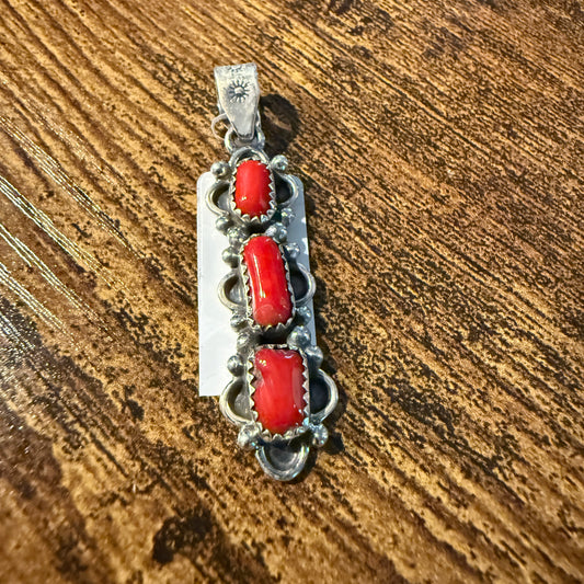 Navajo Style Coral Gemstone Pendant in Sterling Silver Wild West Boho