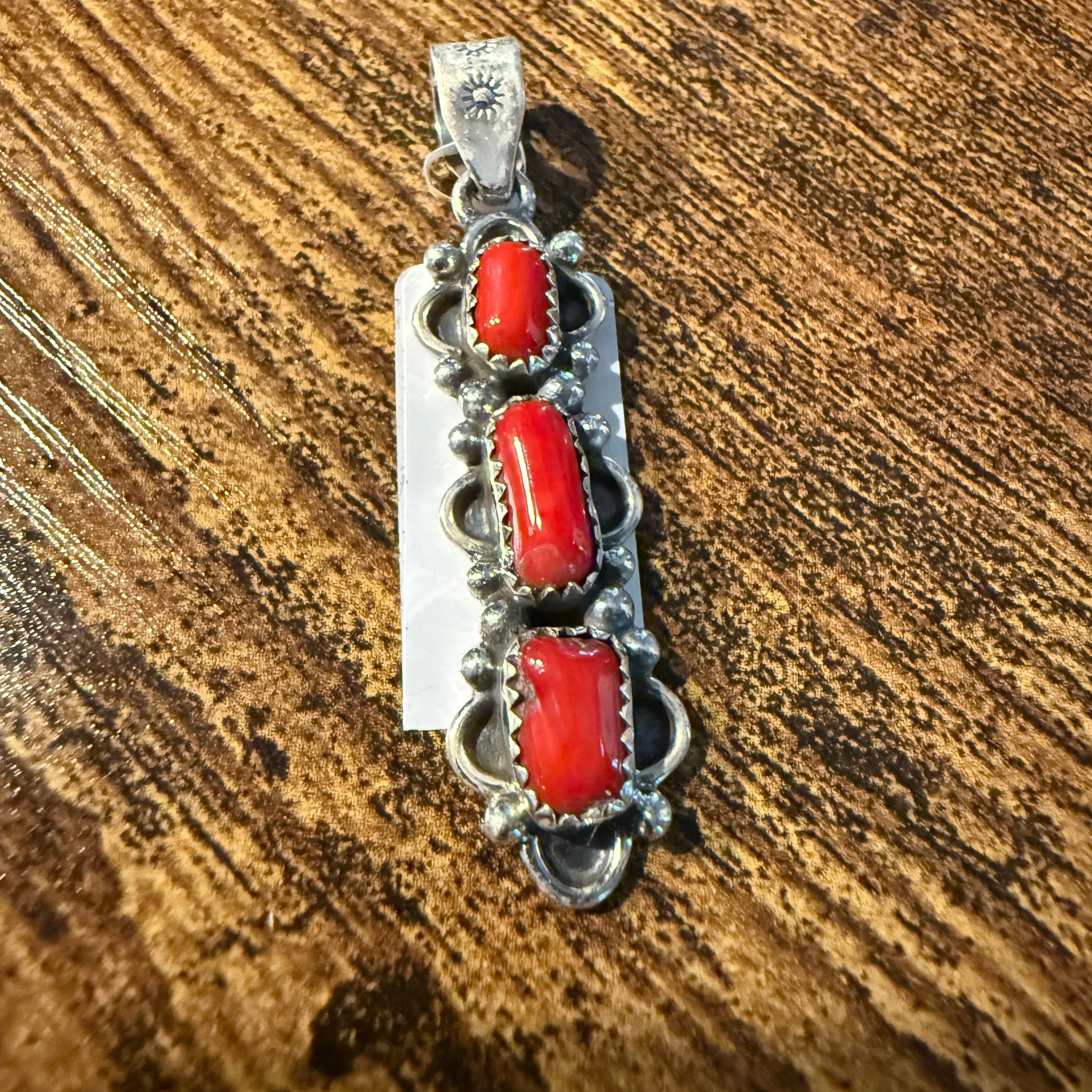 Navajo Style Coral Gemstone Pendant in Sterling Silver Wild West Boho