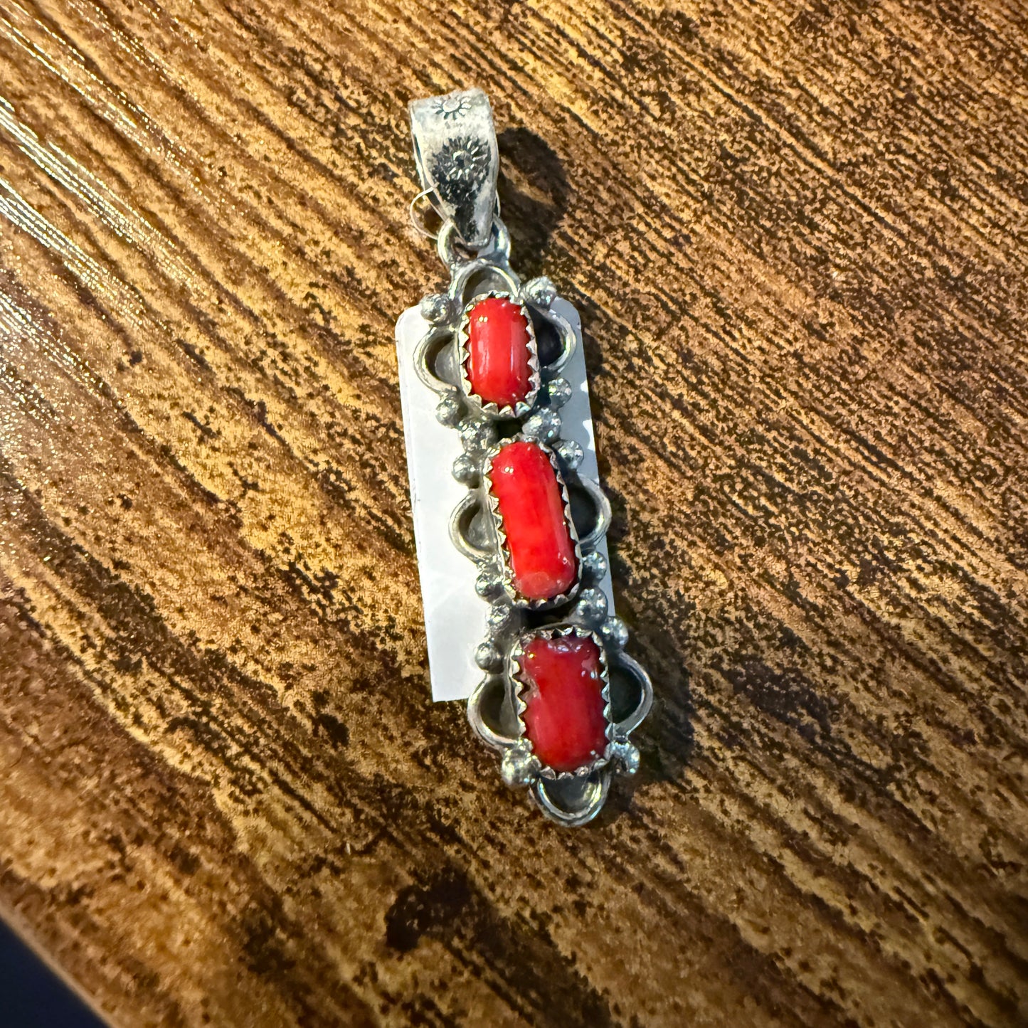 Navajo Style Coral Gemstone Pendant in Sterling Silver Wild West Boho