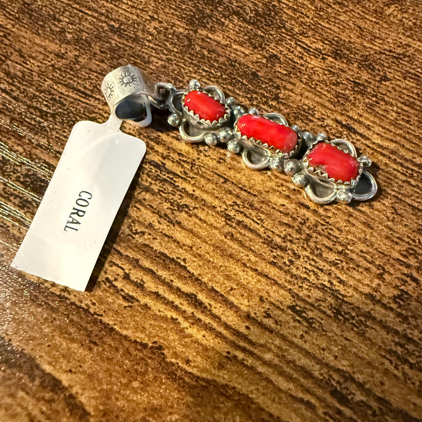 Navajo Style Coral Gemstone Pendant in Sterling Silver Wild West Boho