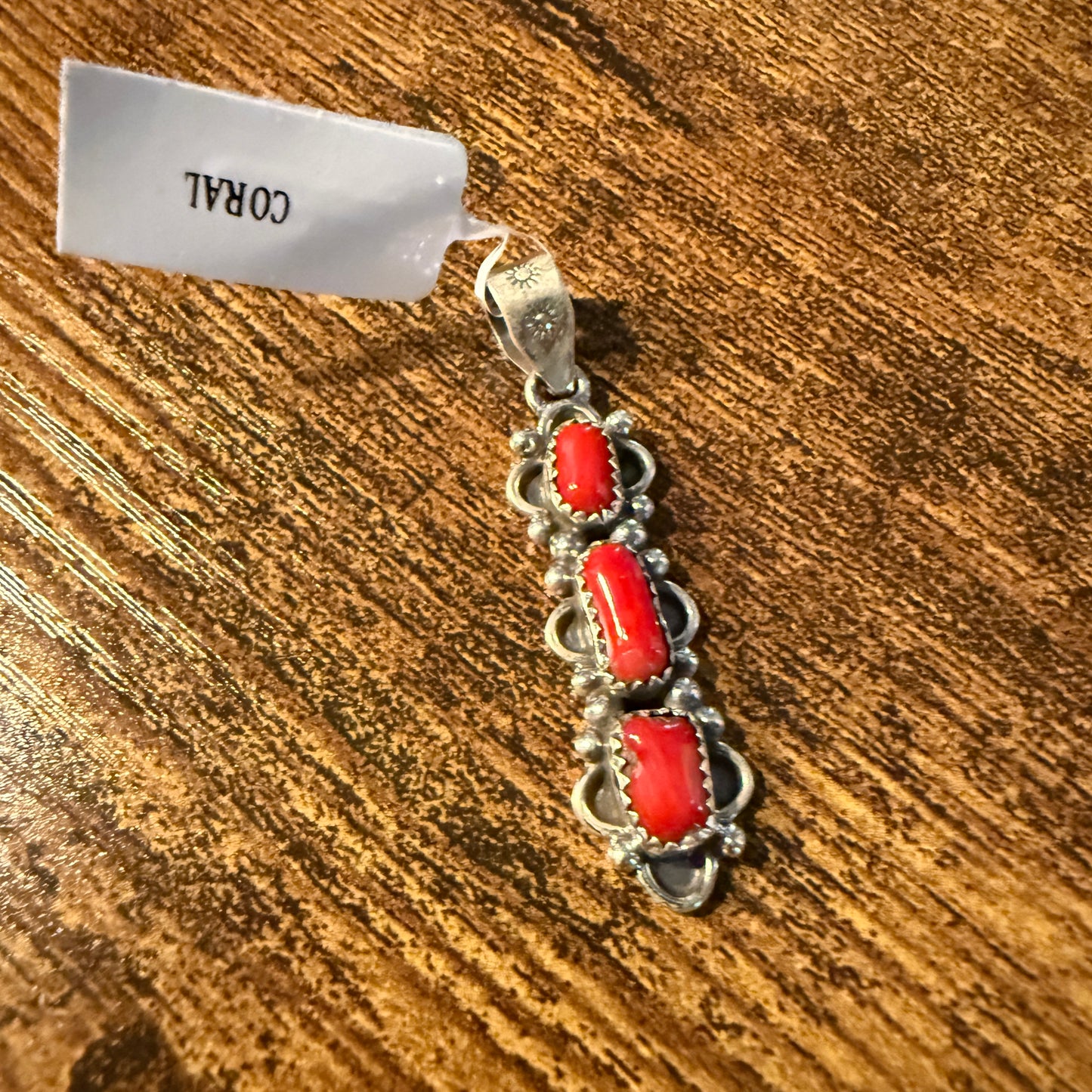 Navajo Style Coral Gemstone Pendant in Sterling Silver Wild West Boho
