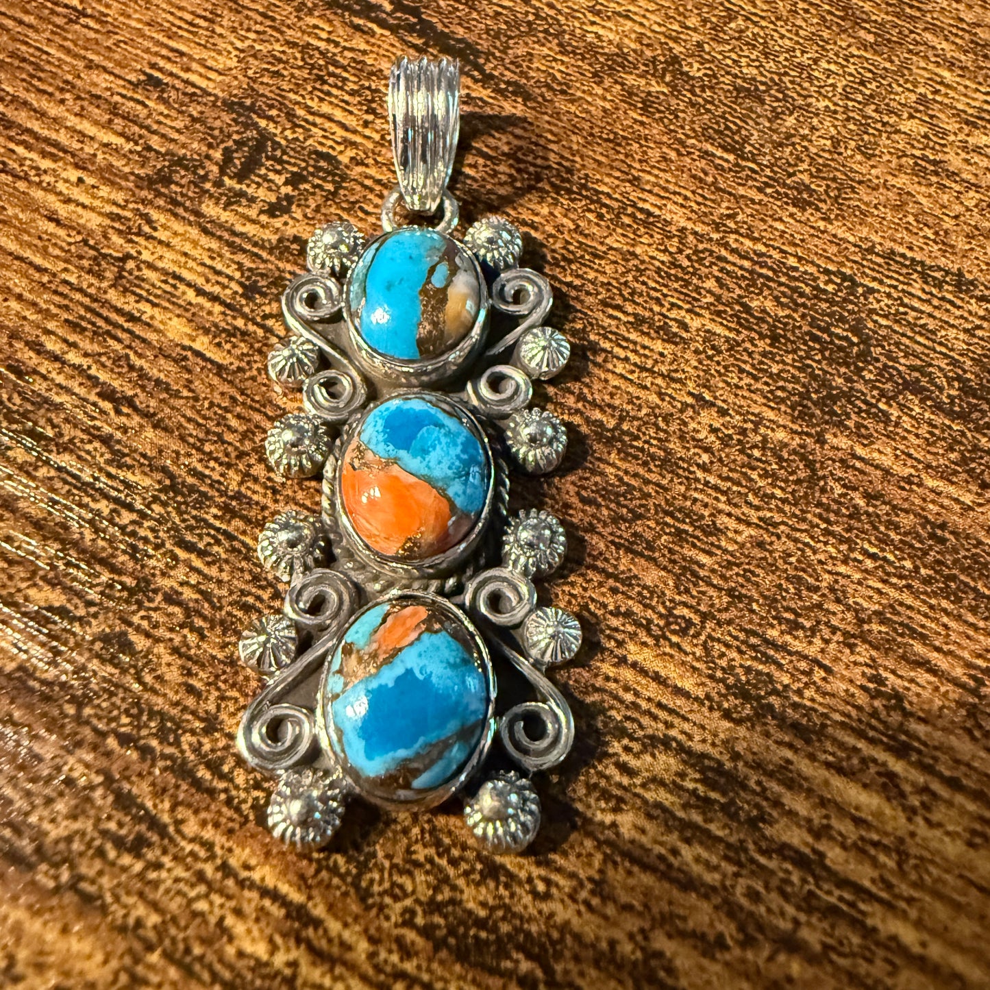Turquoise Spiny Oyster Floral Pendant Sterling Silver Jewelry Wild West Boho