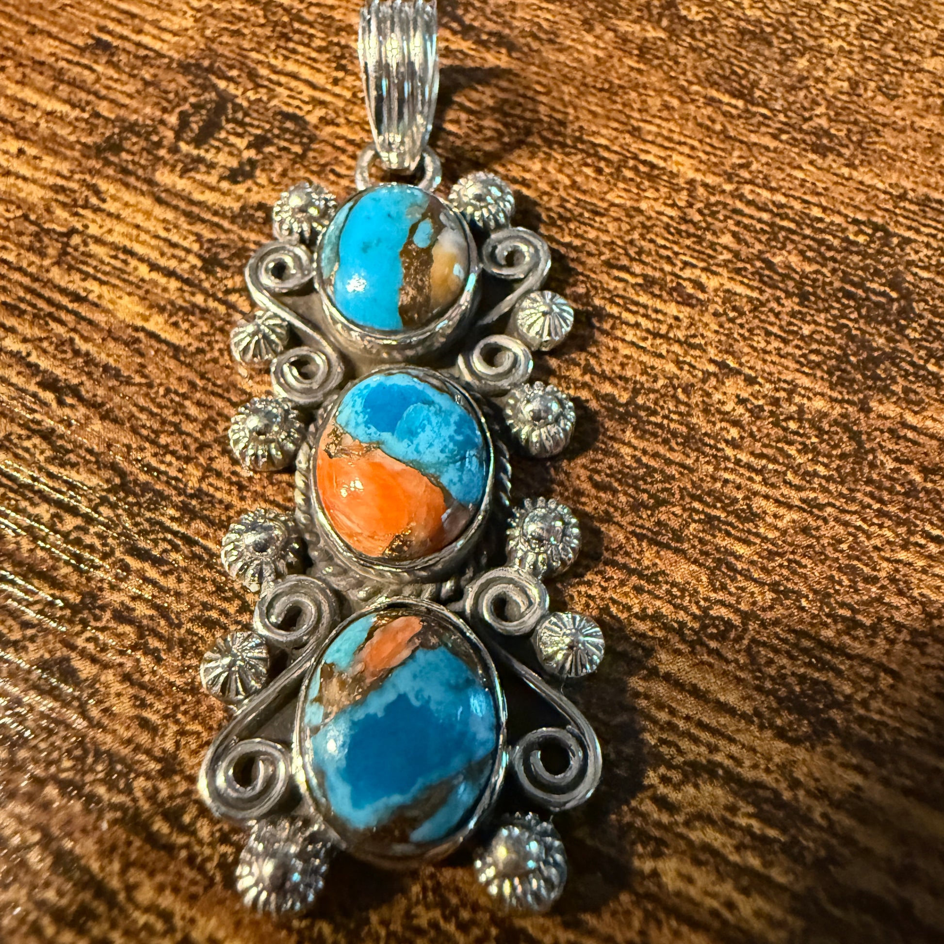 Turquoise Spiny Oyster Floral Pendant Sterling Silver Jewelry Wild West Boho