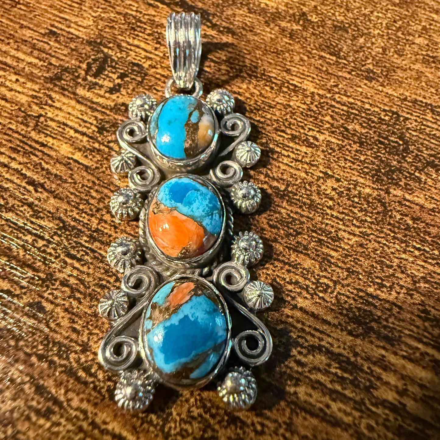 Turquoise Spiny Oyster Floral Pendant Sterling Silver Jewelry Wild West Boho