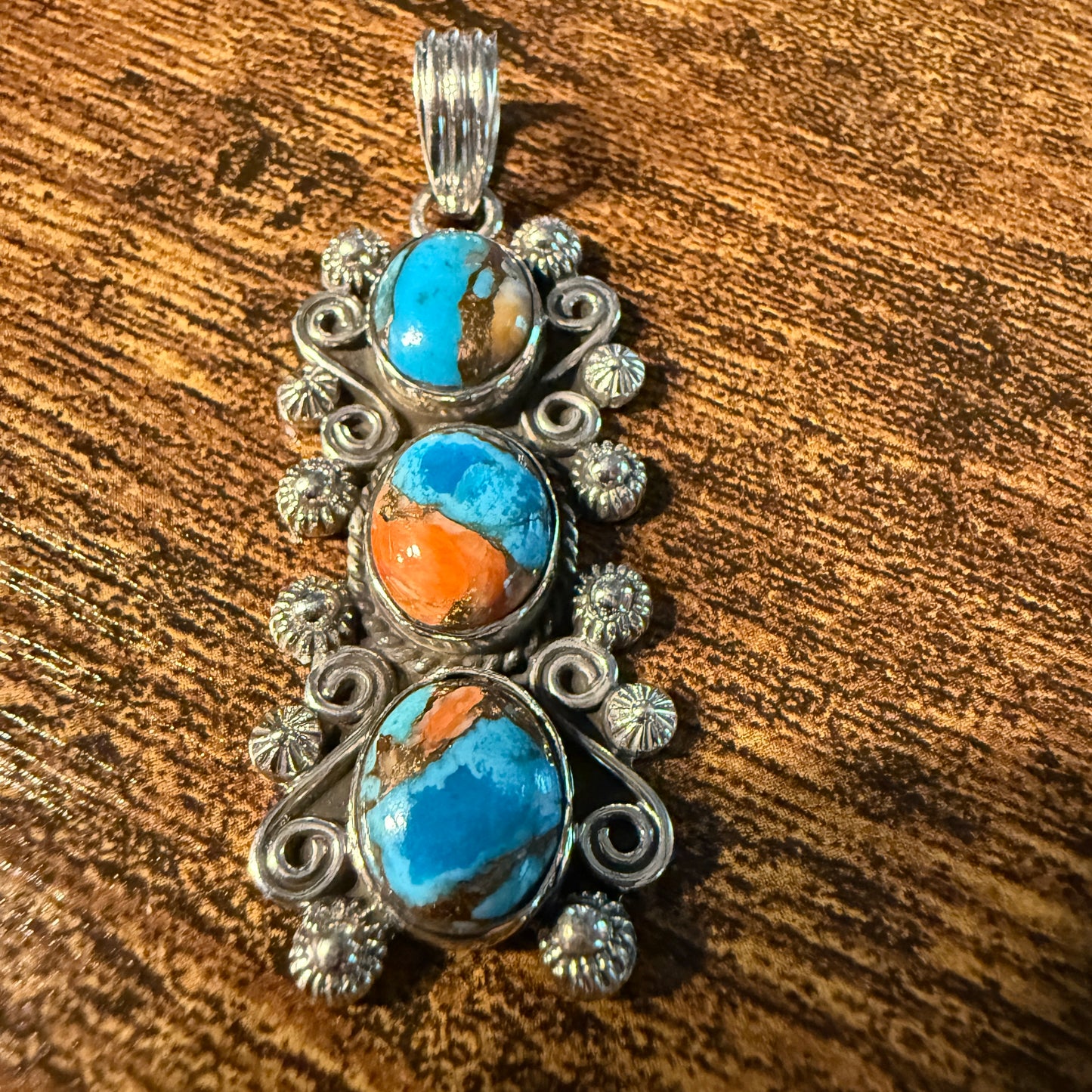 Turquoise Spiny Oyster Floral Pendant Sterling Silver Jewelry Wild West Boho