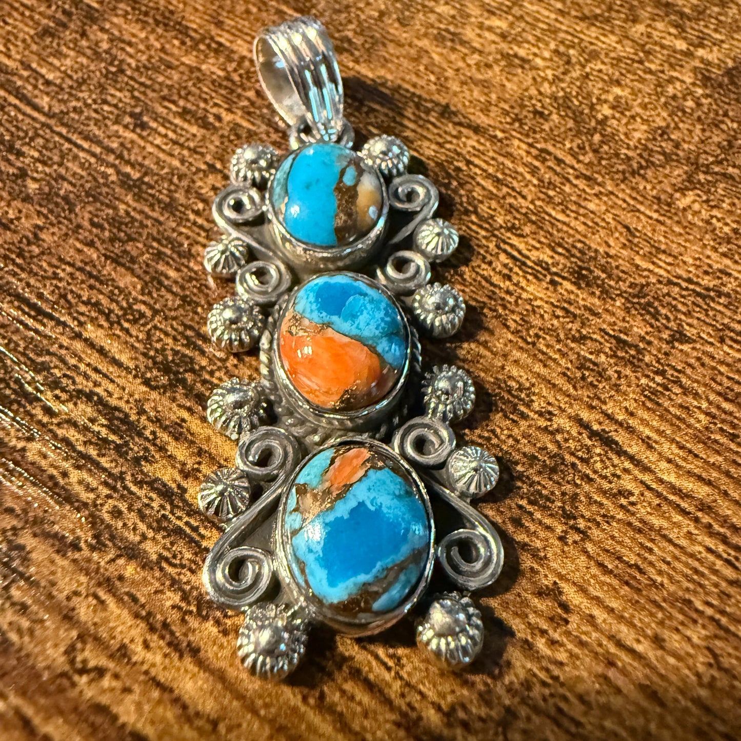 Turquoise Spiny Oyster Floral Pendant Sterling Silver Jewelry Wild West Boho