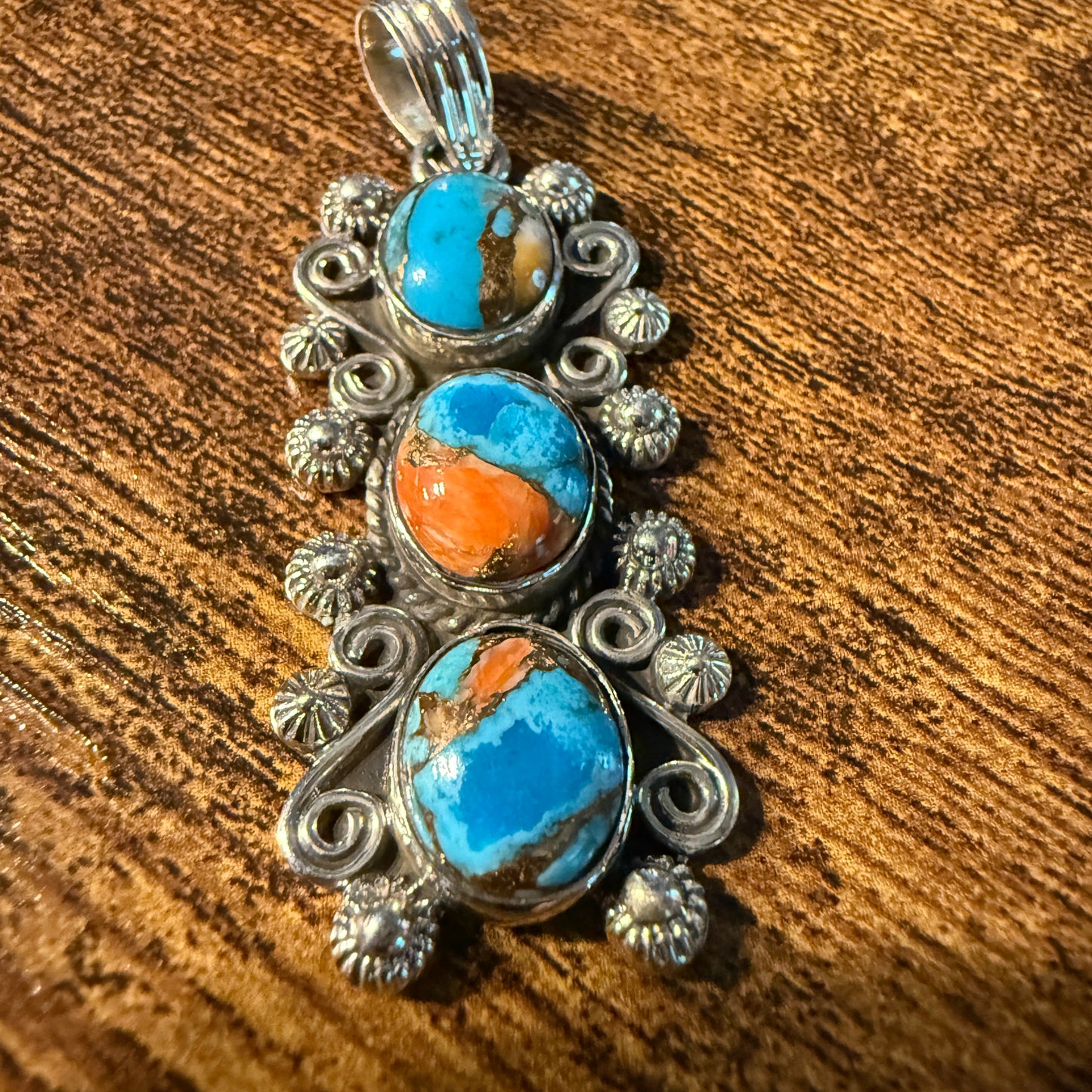 Turquoise Spiny Oyster Floral Pendant Sterling Silver Jewelry Wild West Boho