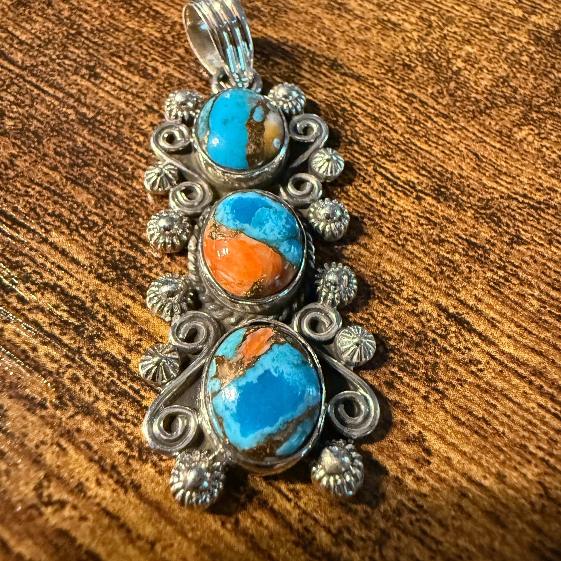 Turquoise Spiny Oyster Floral Pendant Sterling Silver Jewelry Wild West Boho
