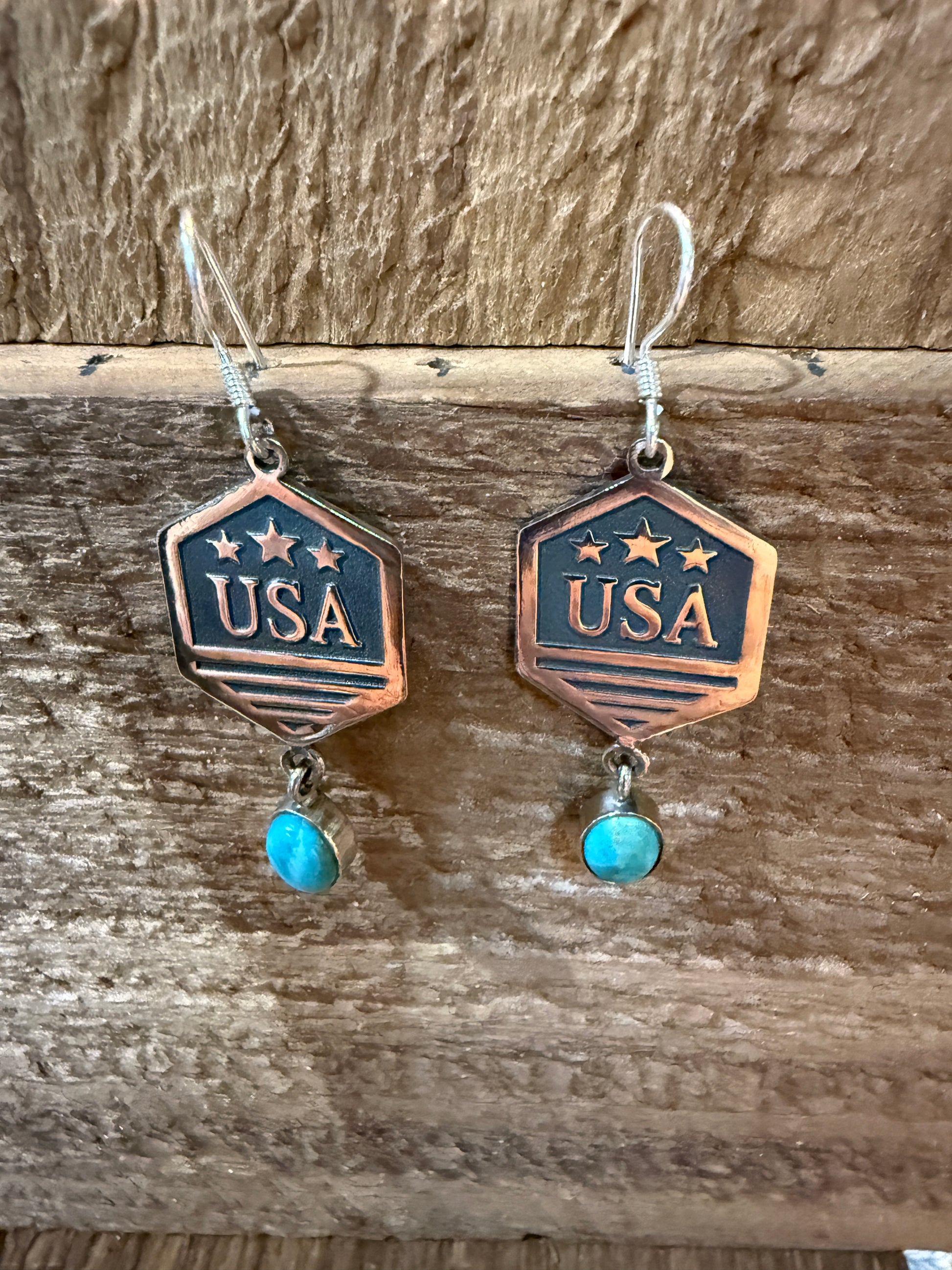 USA America Patriots Kingman Turquoise Sterling Silver Wire Drop Earrings 2 Inch Wild West Boho