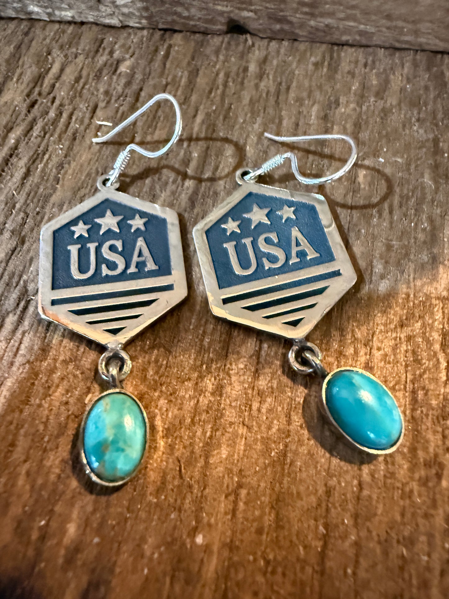 USA America Patriots Kingman Turquoise Sterling Silver Wire Drop Earrings 2 Inch Wild West Boho
